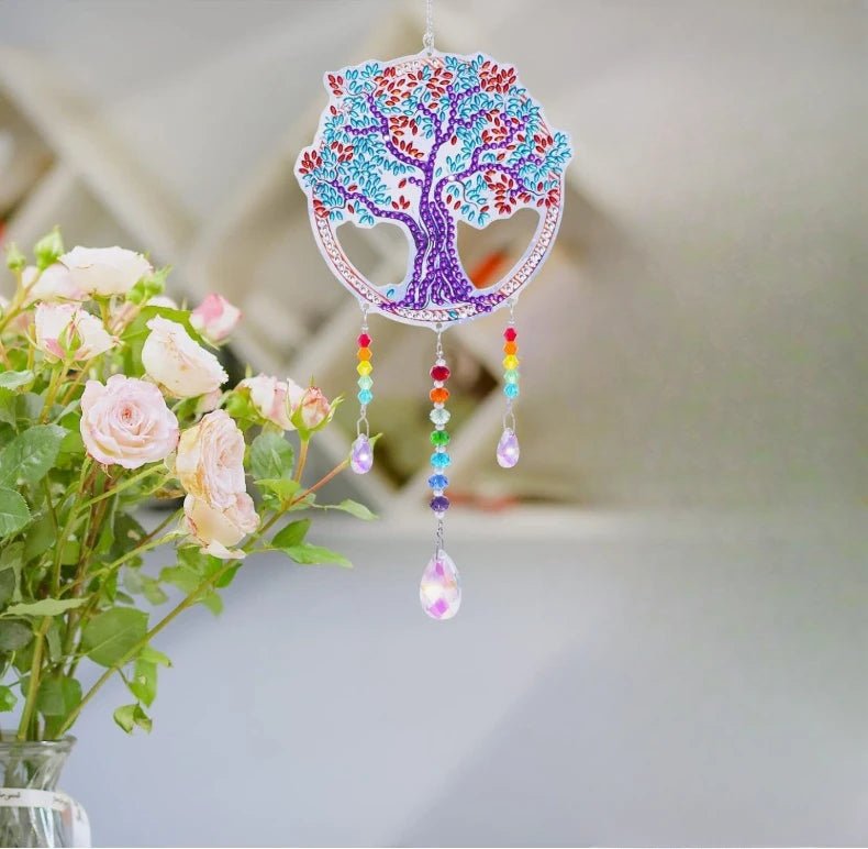 1 Acrylic Double - sided Super Flash Crystal Diamond Painting Captures Scenery Sun Moon Heart Tree Pattern DIY Wind Chimes - RELUX.STORE