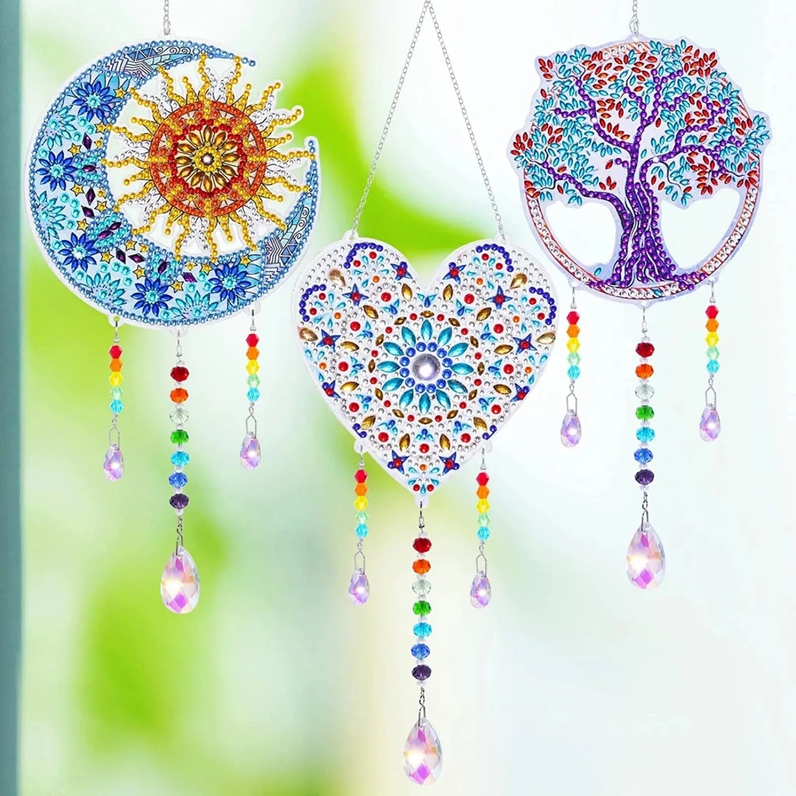 1 Acrylic Double - sided Super Flash Crystal Diamond Painting Captures Scenery Sun Moon Heart Tree Pattern DIY Wind Chimes - RELUX.STORE