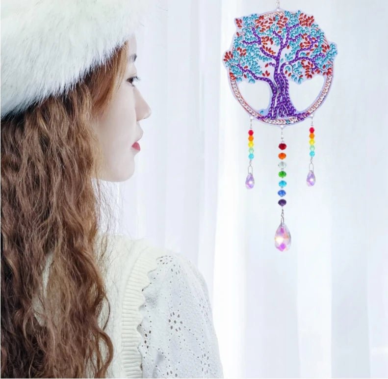 1 Acrylic Double - sided Super Flash Crystal Diamond Painting Captures Scenery Sun Moon Heart Tree Pattern DIY Wind Chimes - RELUX.STORE