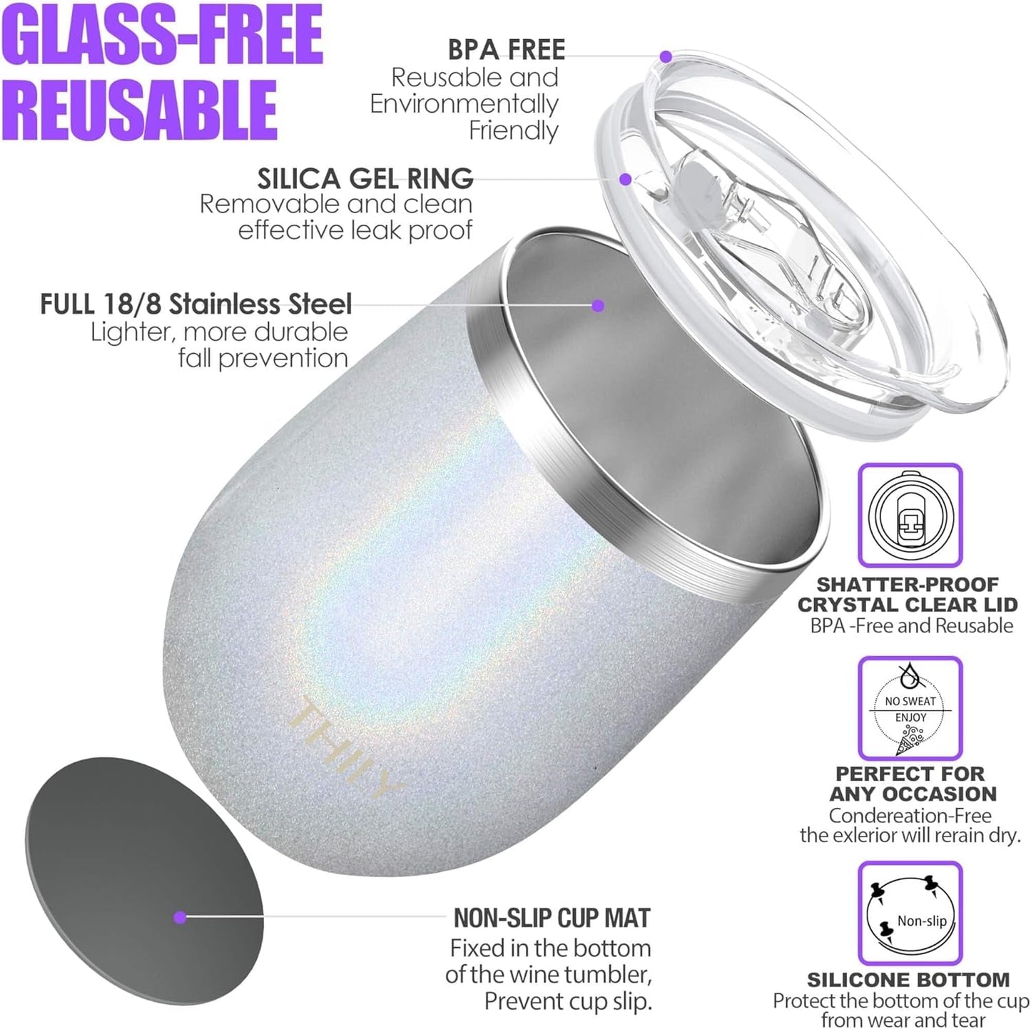 12Oz Insulated Stainless Steel Wine Tumbler with Sliding Lid & Straw - Stemless Travel Cup for Coffee, Cocktails, Beer - Cold Drinks - Glitter White - RELUX.STORE