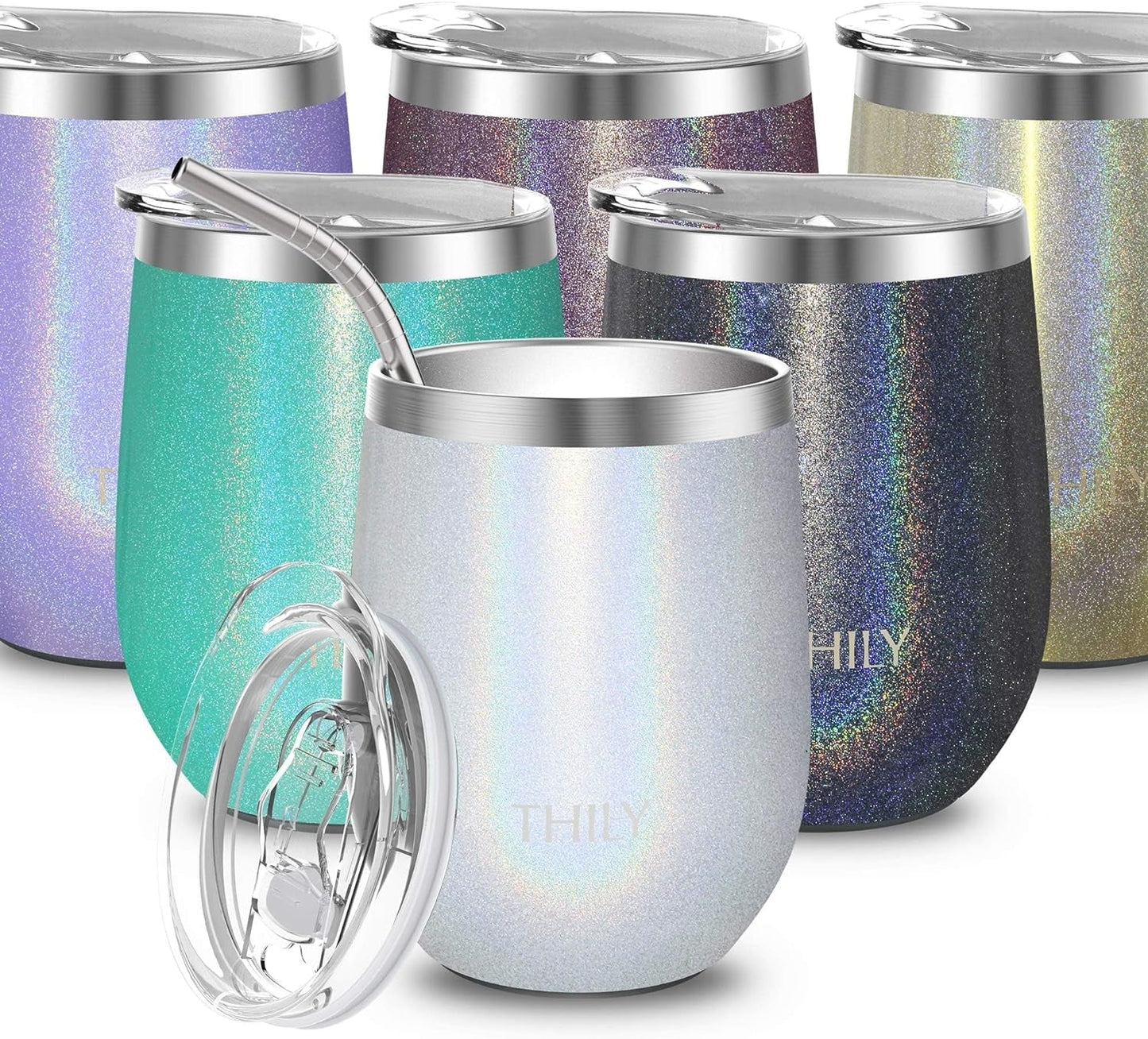 12Oz Insulated Stainless Steel Wine Tumbler with Sliding Lid & Straw - Stemless Travel Cup for Coffee, Cocktails, Beer - Cold Drinks - Glitter White - RELUX.STORE