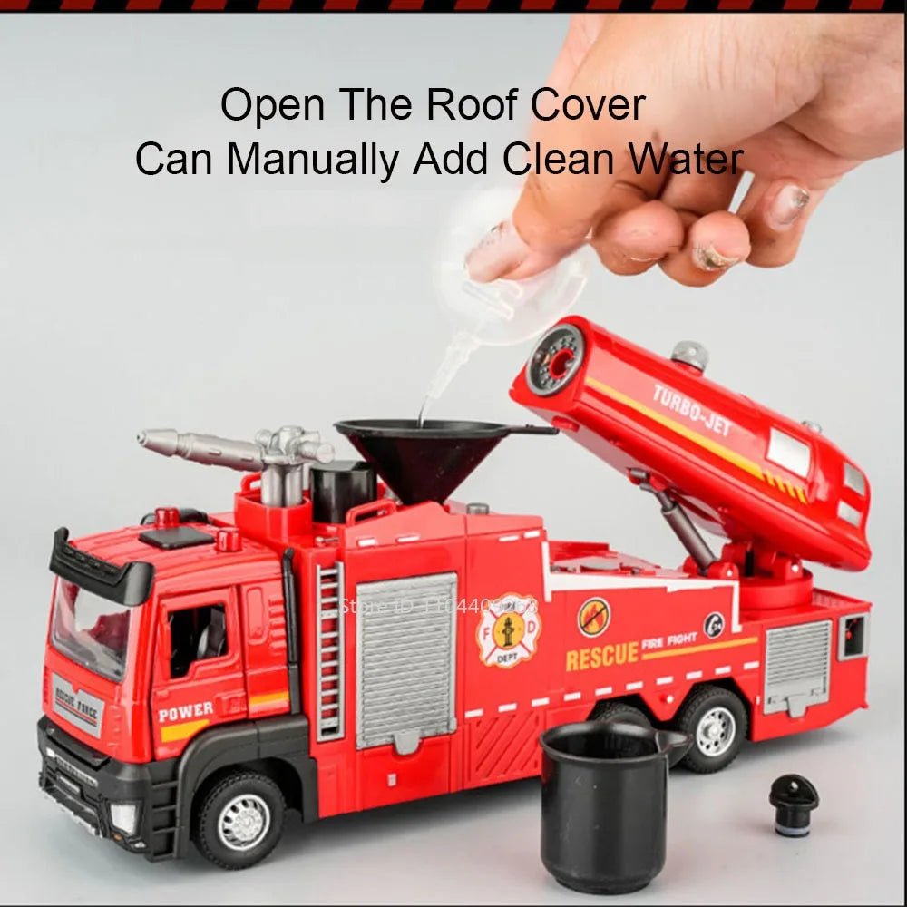 “1:32 Water Spray Fire Truck Model Toy – Pull Back Sound & Light Rescue Vehicle, Open Doors, Sweeper Car Collectible for Kids Gifts” - RELUX.STORE