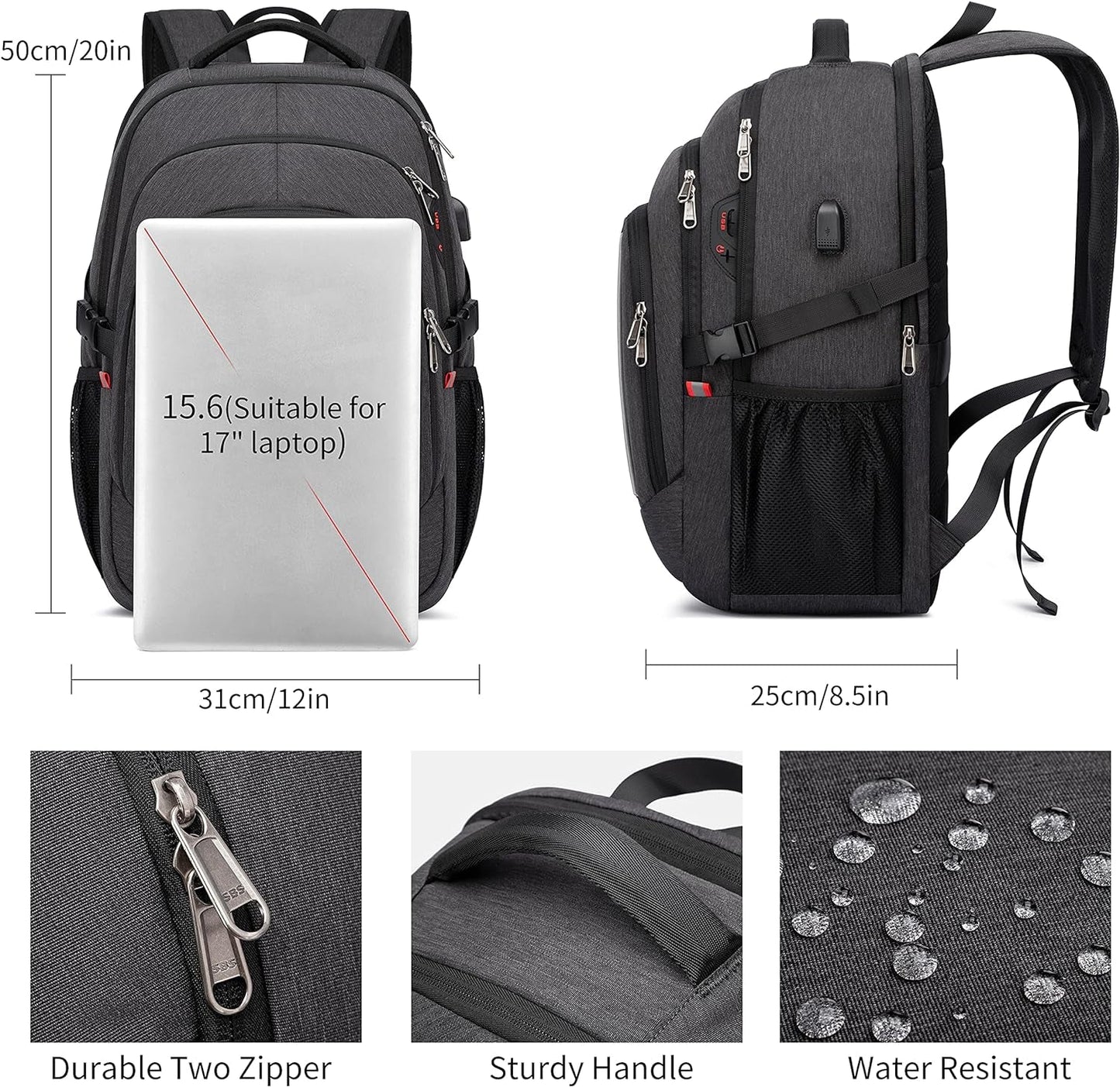 17.3 Inch Travel Laptop Backpack – Durable Water - Resistant College & Business Backpack with RFID Anti - Theft Pocket | Large Computer Bag, School Bookbag for Men, Women & Teens (Grey) - RELUX.STORE