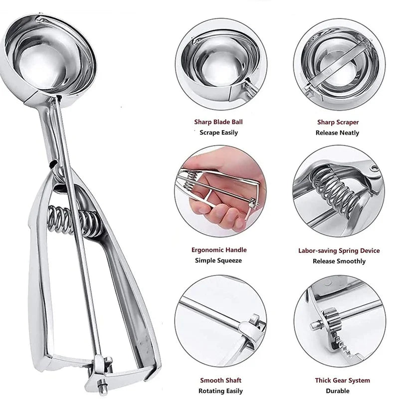 1PC Stainless Steel Ice Cream Scoop Cookie Dough Spoon Fruit Potato Digging Ball Spring Handle Ice Tray Mold Kitchen Accessories - RELUX.STORE