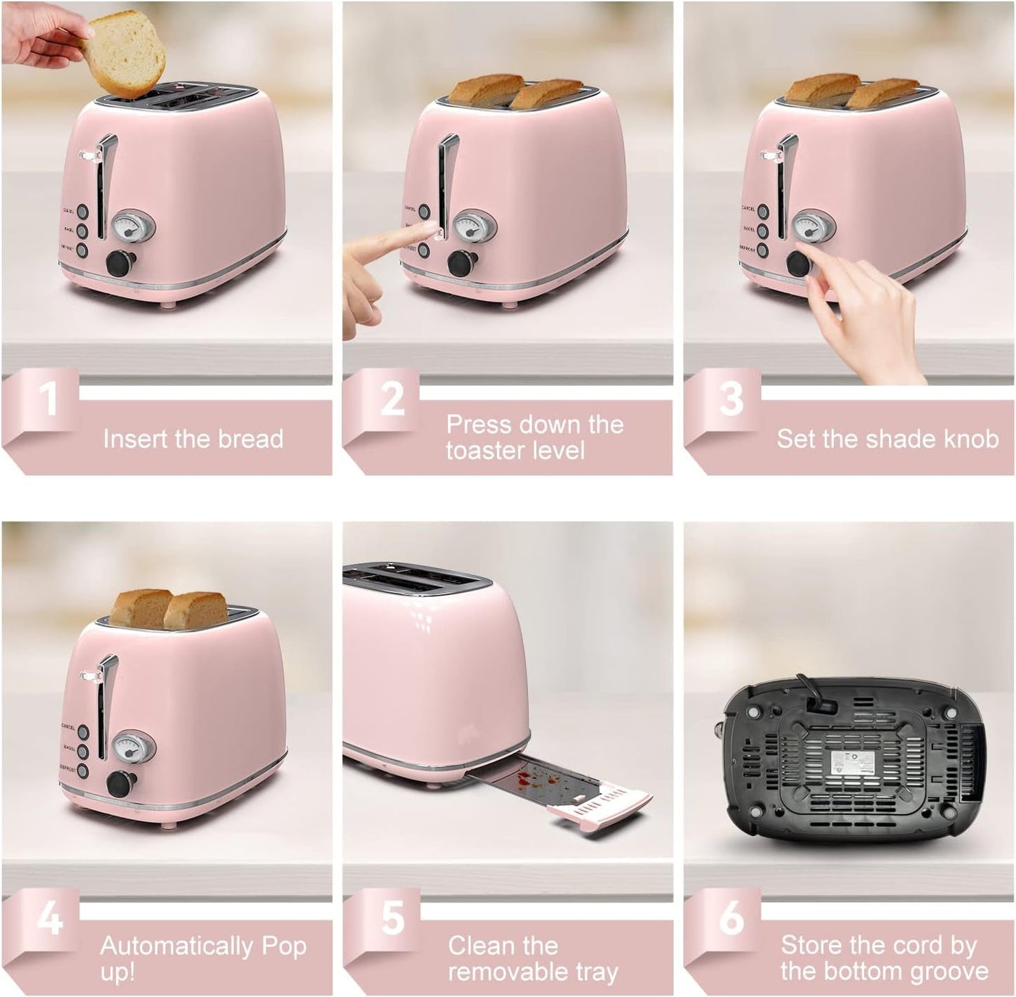 2 - Slice Retro Toaster | Stainless Steel Toaster with Extra - Wide Slots, 6 Browning Settings, Bagel & Defrost Functions – Baby Pink - RELUX.STORE
