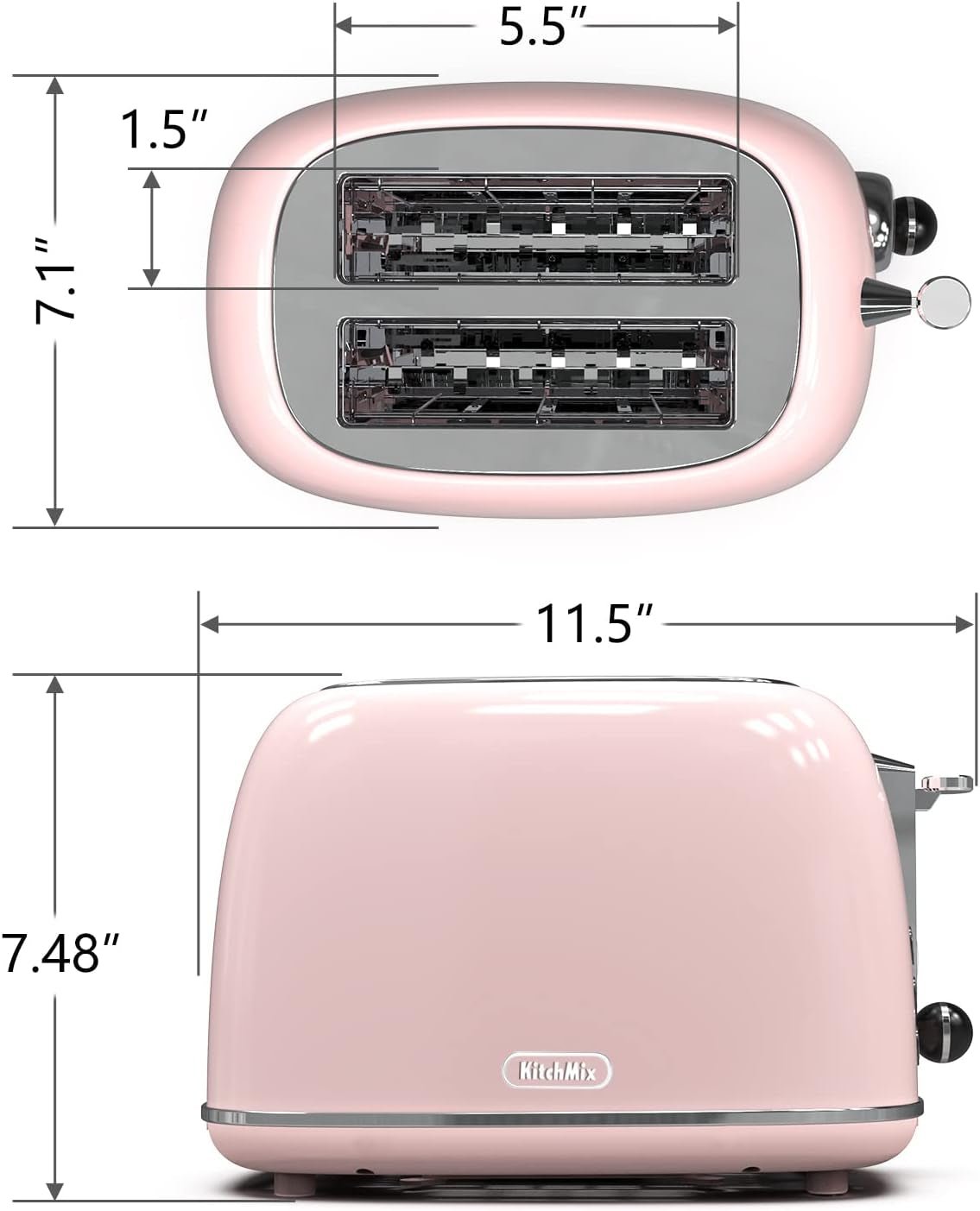 2 - Slice Retro Toaster | Stainless Steel Toaster with Extra - Wide Slots, 6 Browning Settings, Bagel & Defrost Functions – Baby Pink - RELUX.STORE