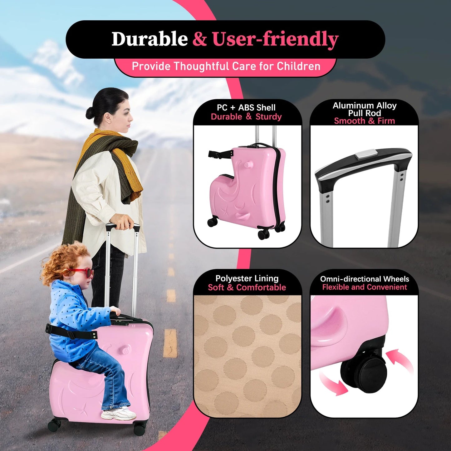 20" Kid's Ride - on Travel Suitcase,Rolling Luggage with Wheels Carry Trolley Luggage with Password Lock for Children's Day Gift - RELUX.STORE20" Kid's Ride - on Travel Suitcase,Rolling Luggage with Wheels Carry Trolley Luggage with Password Lock for Children's Day Gift