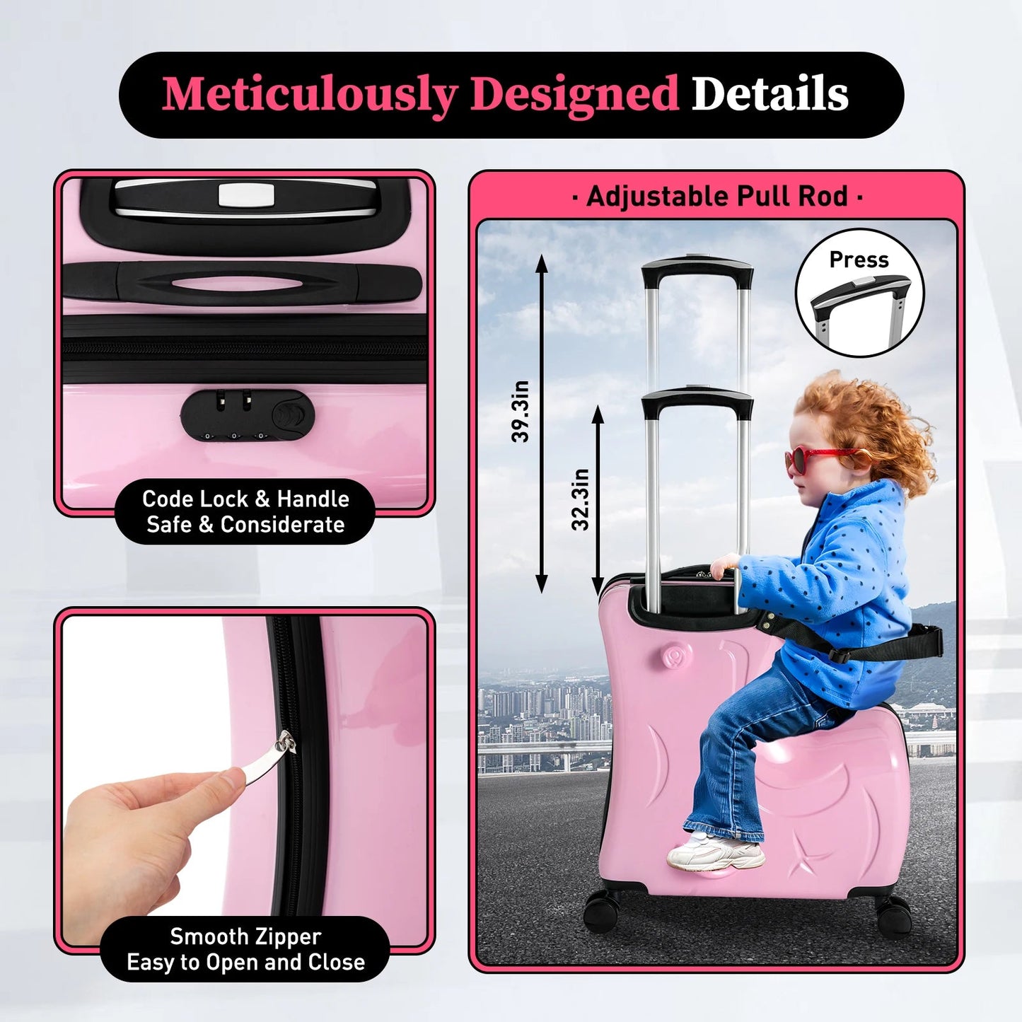 20" Kid's Ride - on Travel Suitcase,Rolling Luggage with Wheels Carry Trolley Luggage with Password Lock for Children's Day Gift - RELUX.STORE20" Kid's Ride - on Travel Suitcase,Rolling Luggage with Wheels Carry Trolley Luggage with Password Lock for Children's Day Gift