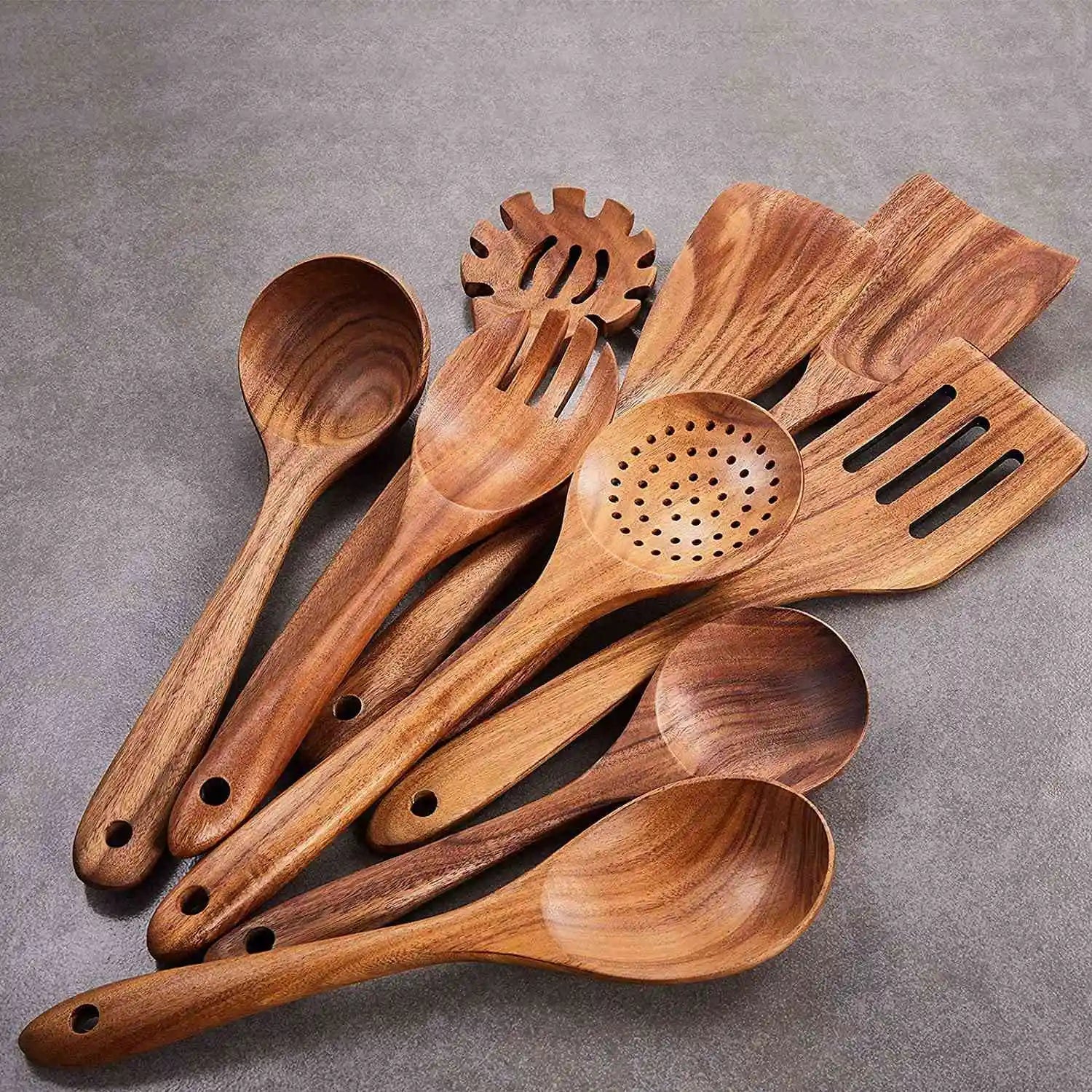 2025+Wooden Kitchen Utensils Set,9 Pcs Wooden Spoons for Cooking,Wooden Cooking Utensils,Wooden Spoons for Non - Stick Pan - RELUX.STORE