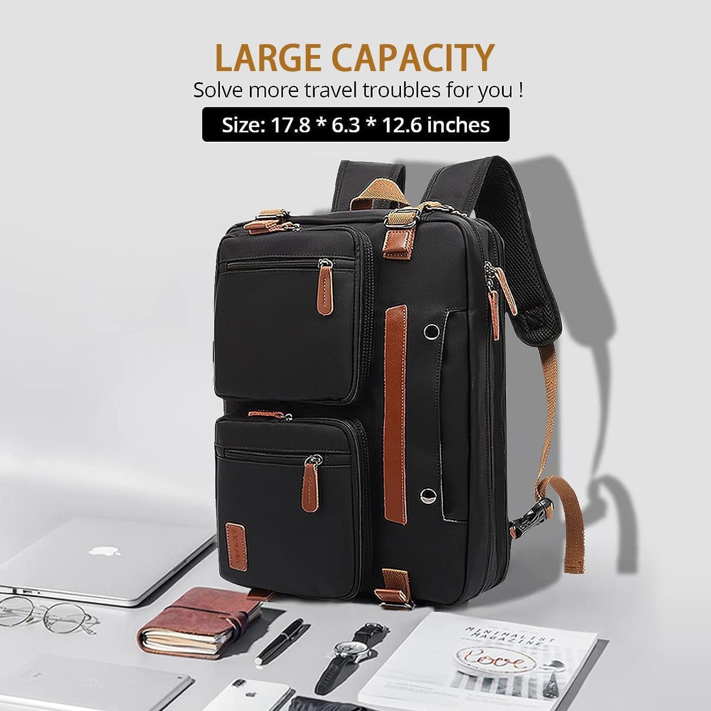 3 - in - 1 Laptop Bag for Men 17.3 Inch – Convertible Laptop Backpack, Briefcase & Messenger Bag | Waterproof Computer Work Bag for Men & Women, Professional Travel Business Bag (Black) - RELUX.STORE