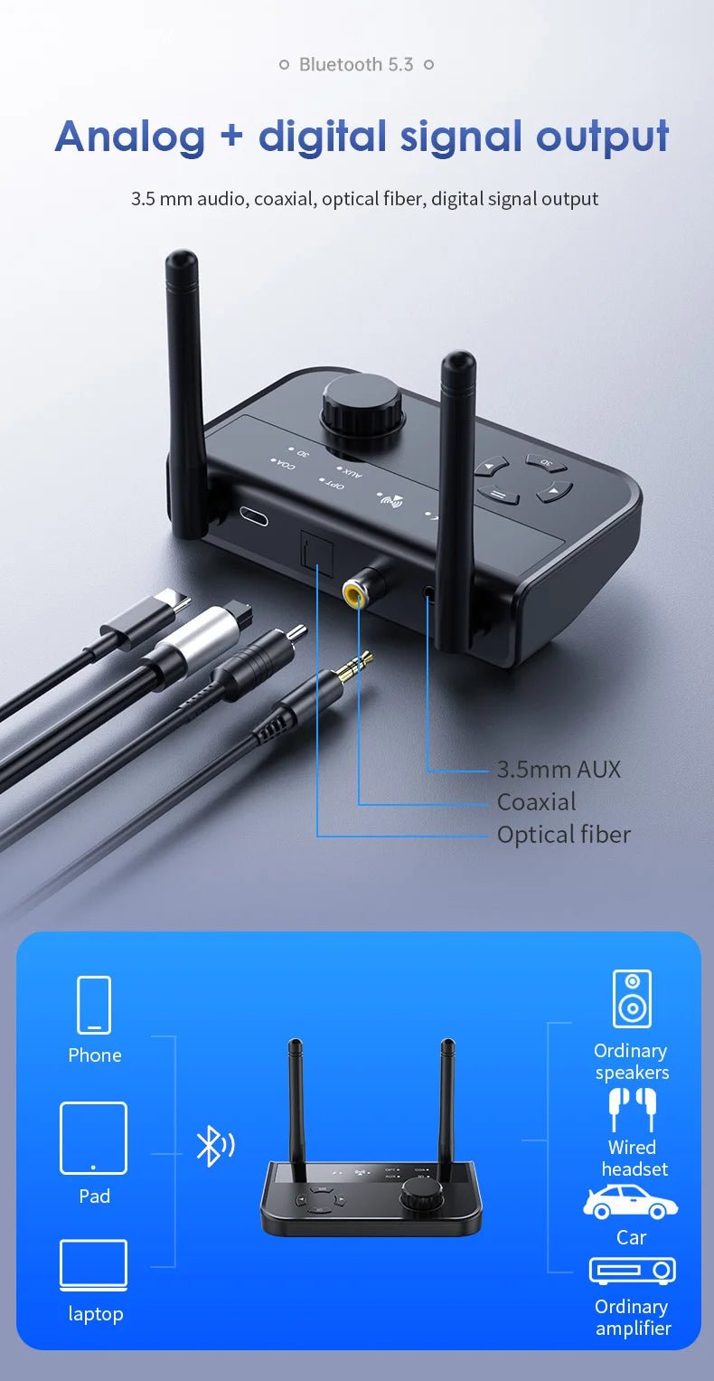 3D Stereo Bluetooth 5.3 Audio Receiver Optical/Coaxial/3.5mm AUX Analog Digital Signal Output Wirelss Adapter For Car Speaker - RELUX.STORE
