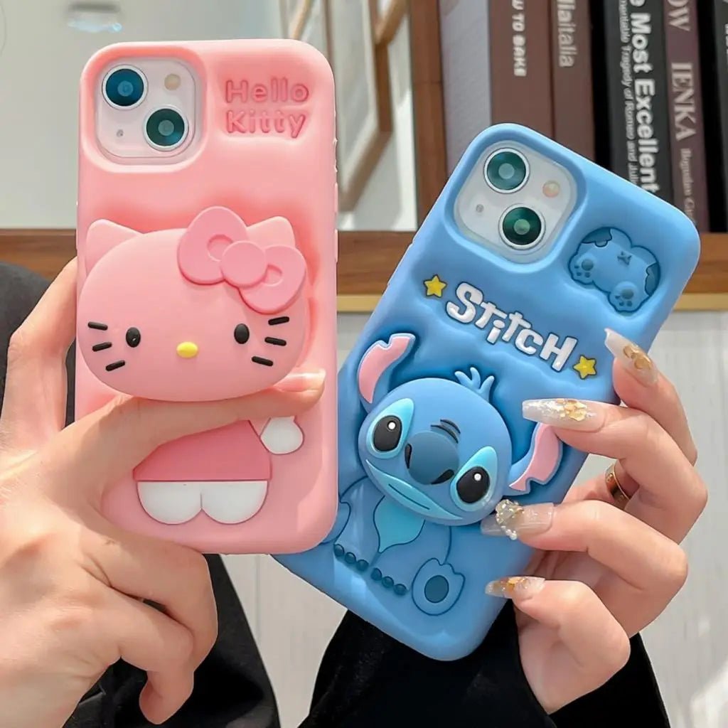3D Stitch Kitty Face Grip Tok Holder Cartoon Silicone Soft Case for iPhone 15/16/14/13/12/11 Pro Max & 13 Pro – Cute Fun Phone Cover - RELUX.STORE