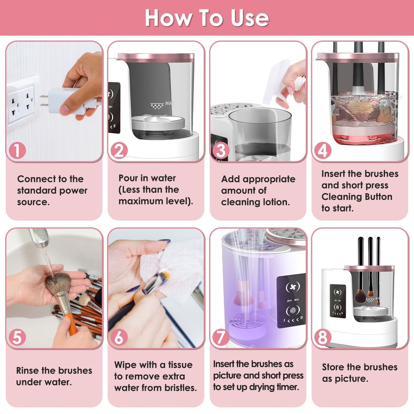 4 - in - 1 Electric Makeup Brush Cleaner & Dryer – USB Automatic Brush Blender with Timer, Digital Display, UV Disinfection & Storage | Suitable for All Makeup Brushes - RELUX.STORE