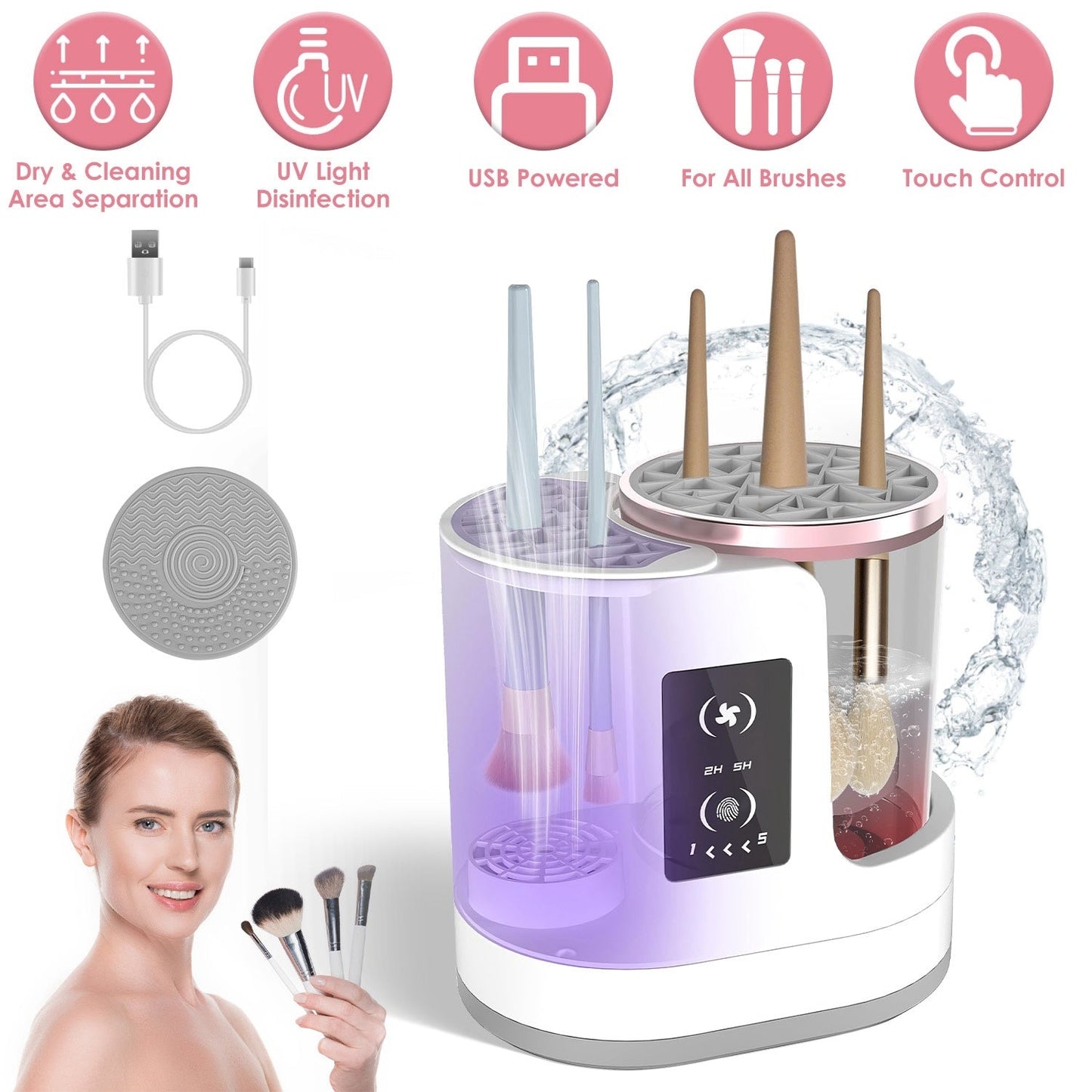 4 - in - 1 Electric Makeup Brush Cleaner & Dryer – USB Automatic Brush Blender with Timer, Digital Display, UV Disinfection & Storage | Suitable for All Makeup Brushes - RELUX.STORE