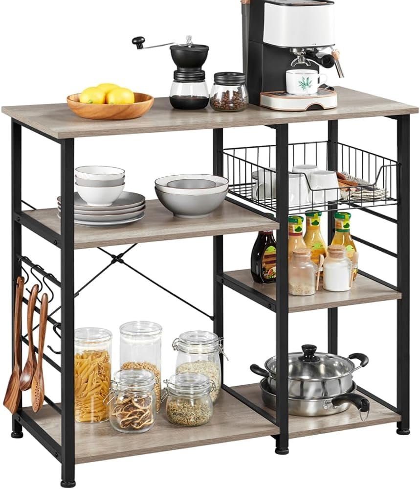 4 - Tier Kitchen Baker'S Rack, Coffee Bar Microwave Stand Cart with Wire Basket & 6 Side Hooks, Kitchen Organizer Shelf for Spices/Utensils Foods, Rustic Brown - RELUX.STORE