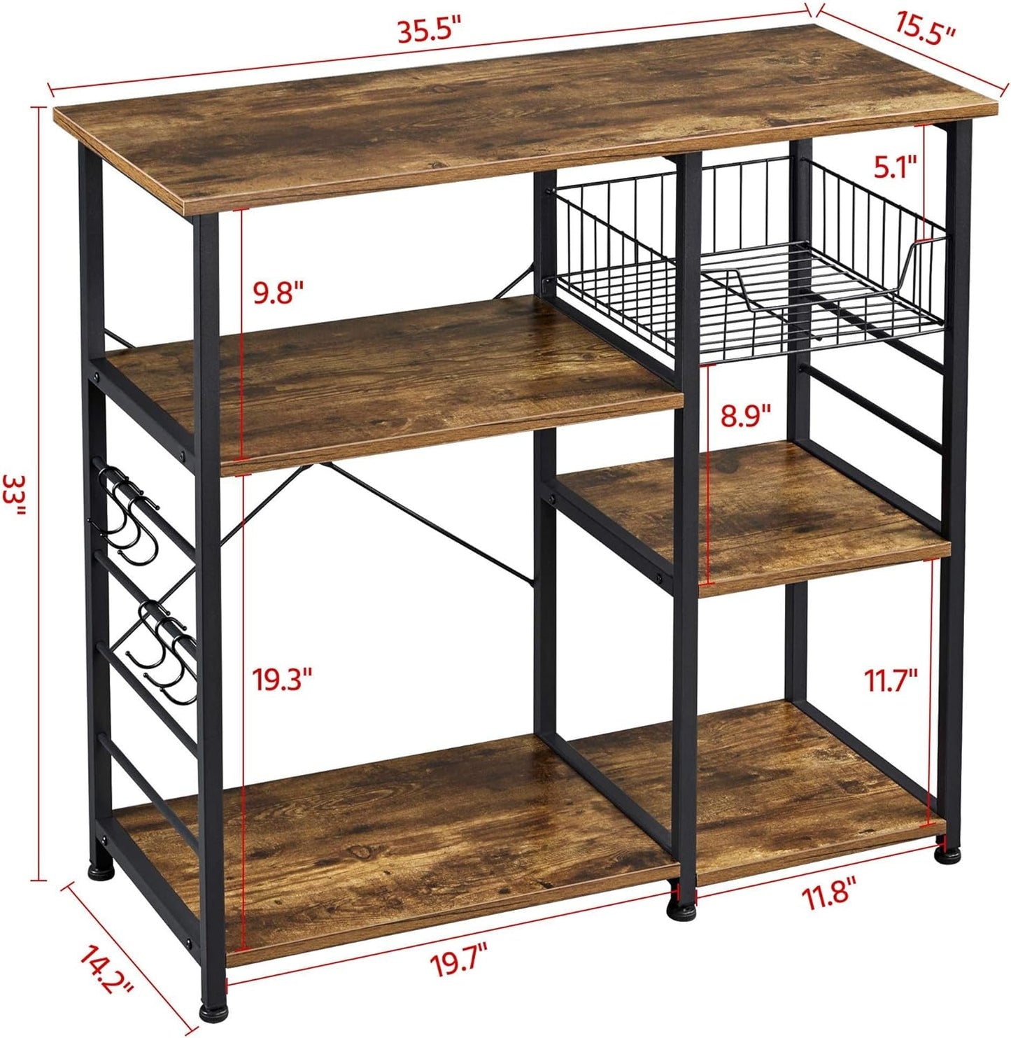 4 - Tier Kitchen Baker'S Rack, Coffee Bar Microwave Stand Cart with Wire Basket & 6 Side Hooks, Kitchen Organizer Shelf for Spices/Utensils Foods, Rustic Brown - RELUX.STORE