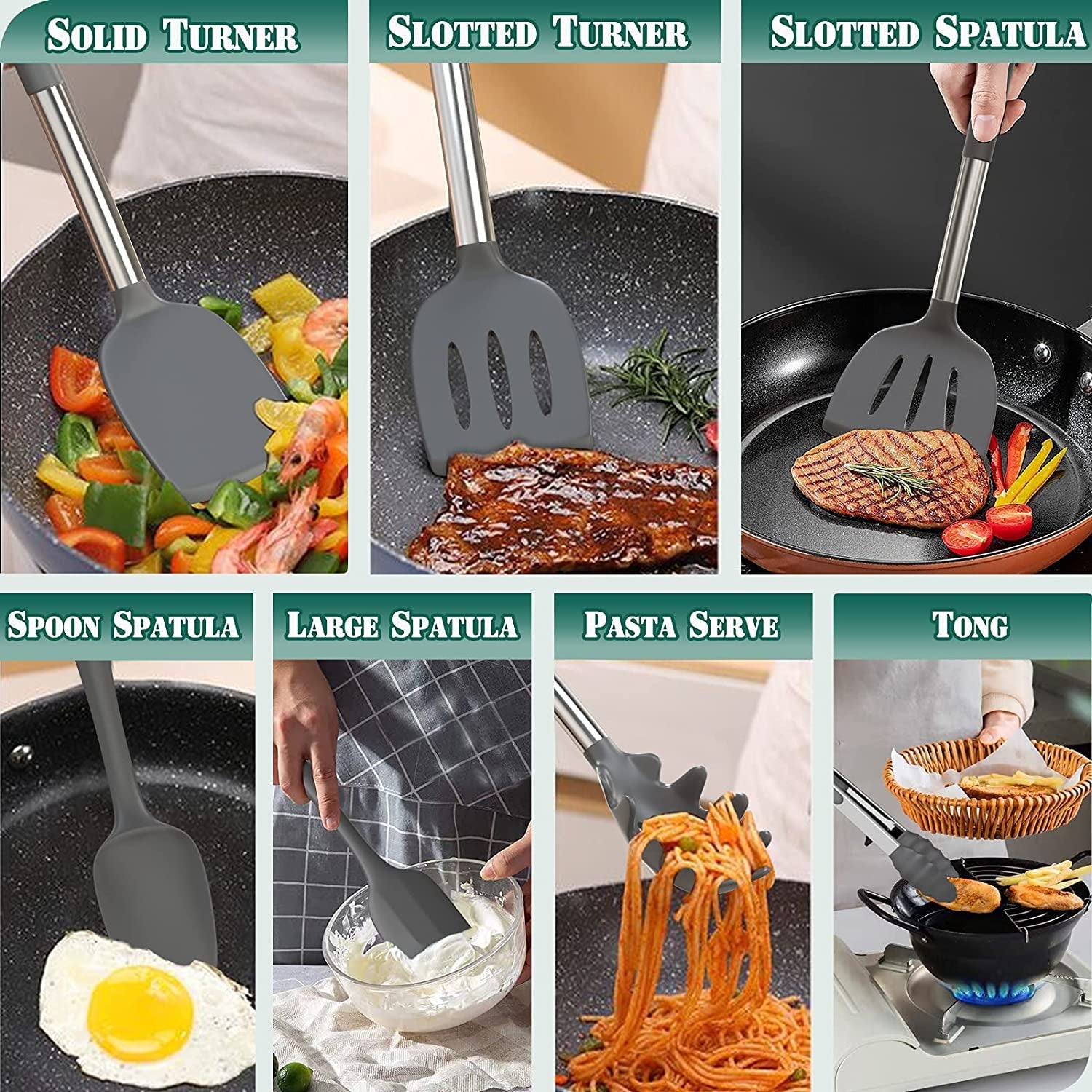 43 - Piece Silicone Kitchen Utensil Set – Heat - Resistant Non - Stick Cooking Spatulas with Stainless Steel Handles, Grey - RELUX.STORE