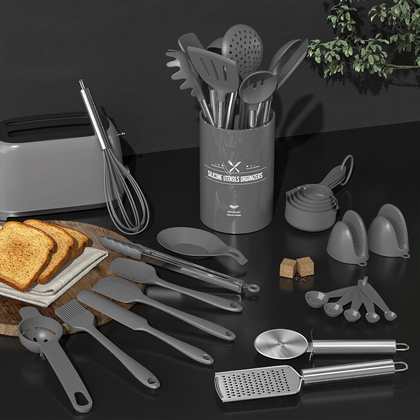 43 - Piece Silicone Kitchen Utensil Set – Heat - Resistant Non - Stick Cooking Spatulas with Stainless Steel Handles, Grey - RELUX.STORE