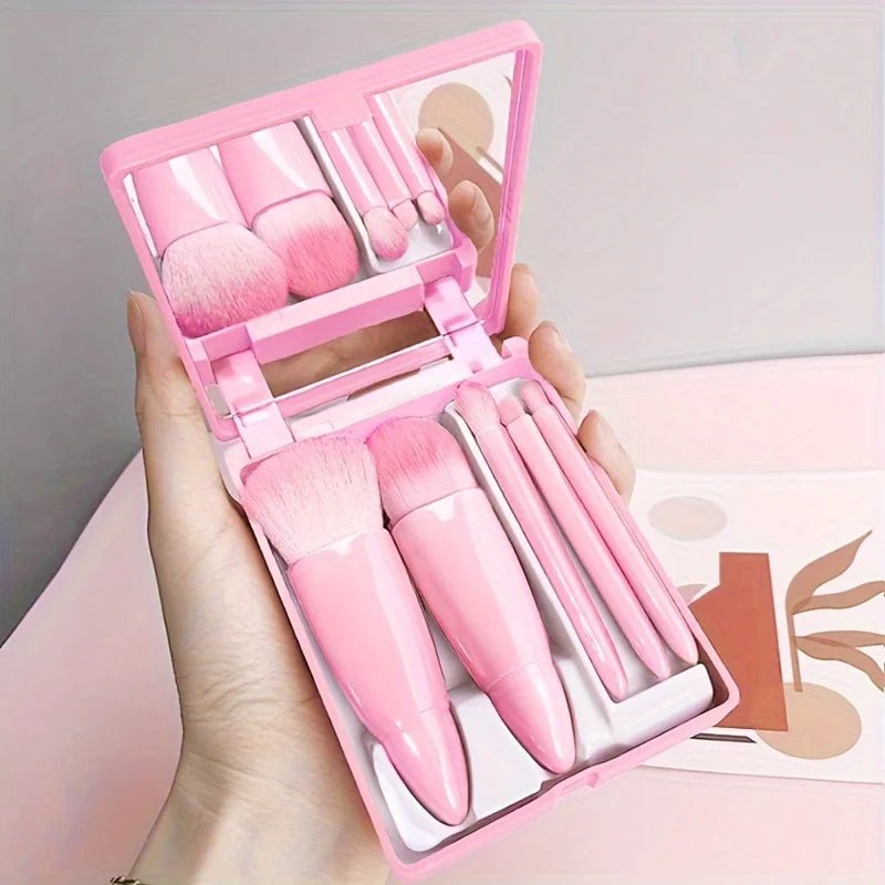 5Pcs Portable Makeup Brush Set With Mirror - Foldable Travel Kit ,Mini Makeup Brush Set Travel Makeup Brush Set - RELUX.STORE