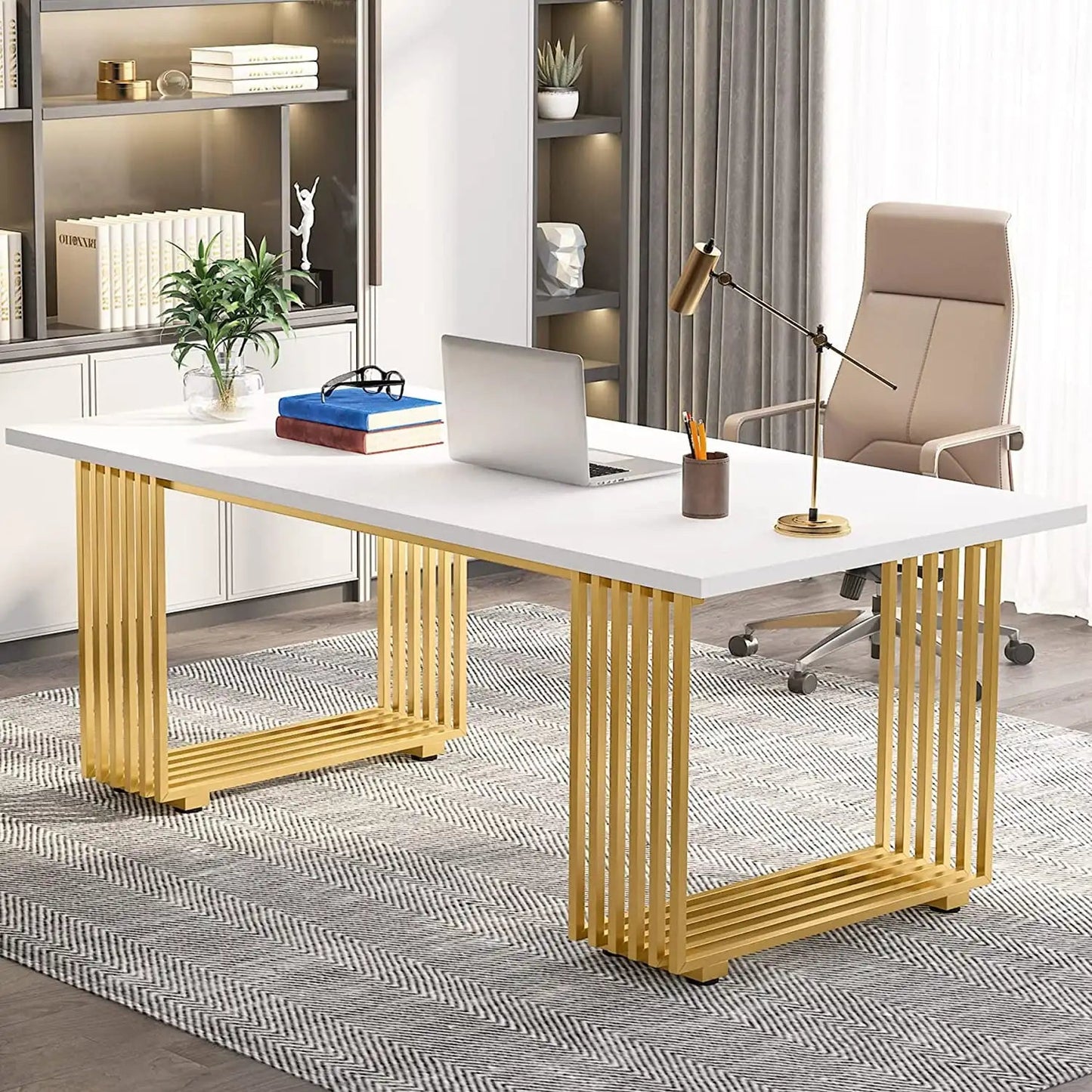“70.9″ Executive Office Desk – Modern Conference Desk with Sturdy Metal Frame | White Gold Finish” - RELUX.STORE