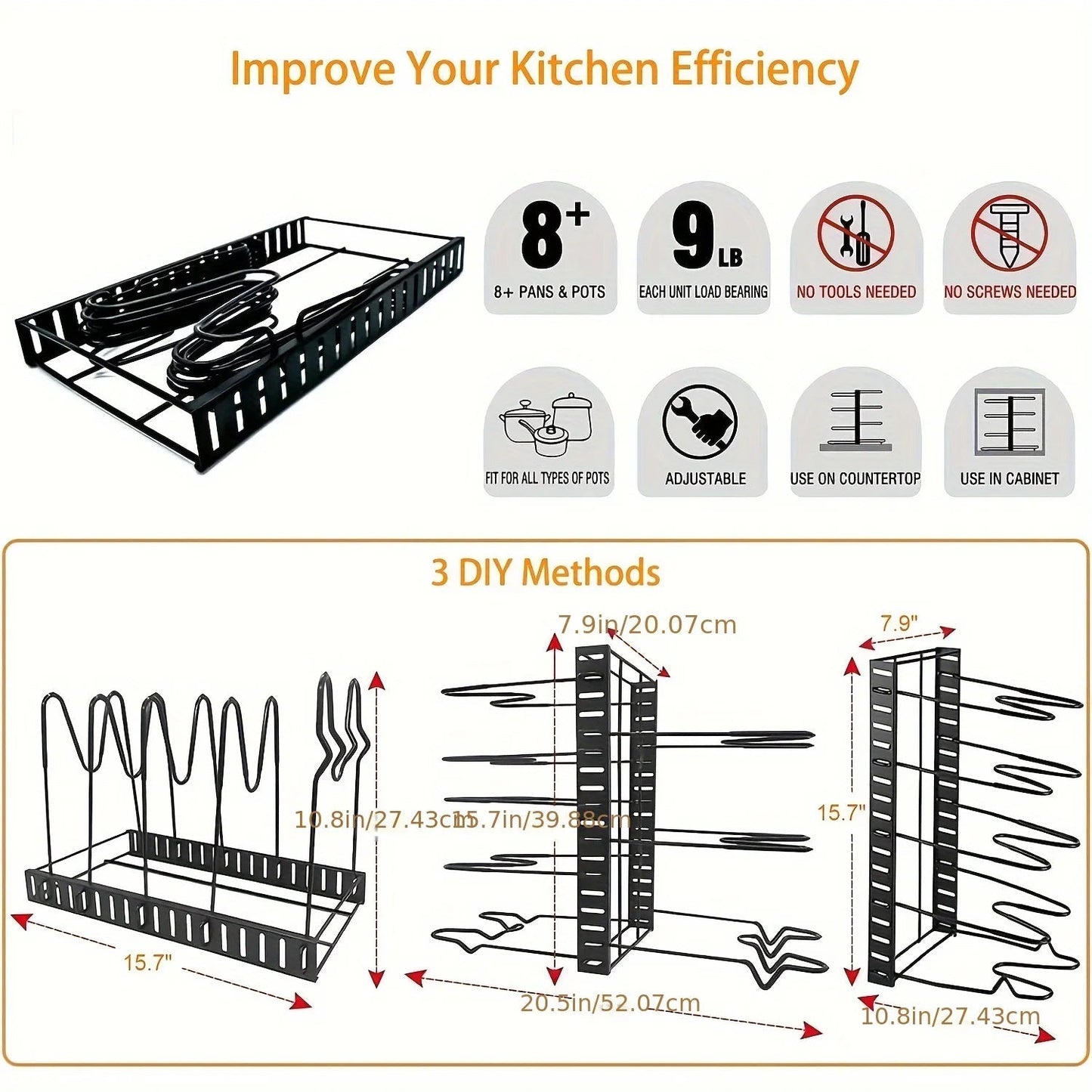 8 - Tier Duty Pot Rack Organizer Durable Metal,Space - saving Cabinet Holder for Pots,Pans and lids - Keep Your Kitchen Neat and Tidy - RELUX.STORE