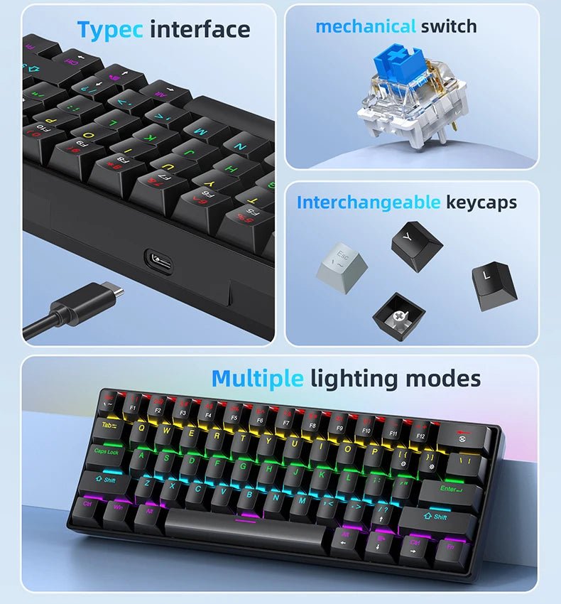 "APAYADO K61 60% Mini Mechanical Keyboard – Wired 61 - Key Phantom RGB, Black/White/Red, Red & Blue Switch Options" - RELUX.STORE