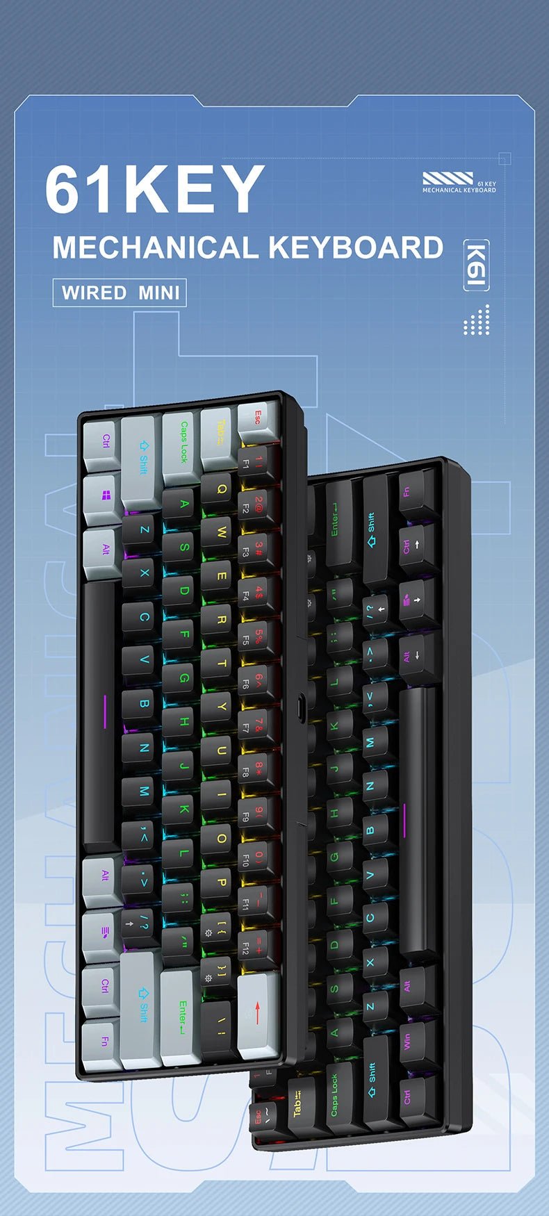 "APAYADO K61 60% Mini Mechanical Keyboard – Wired 61 - Key Phantom RGB, Black/White/Red, Red & Blue Switch Options" - RELUX.STORE