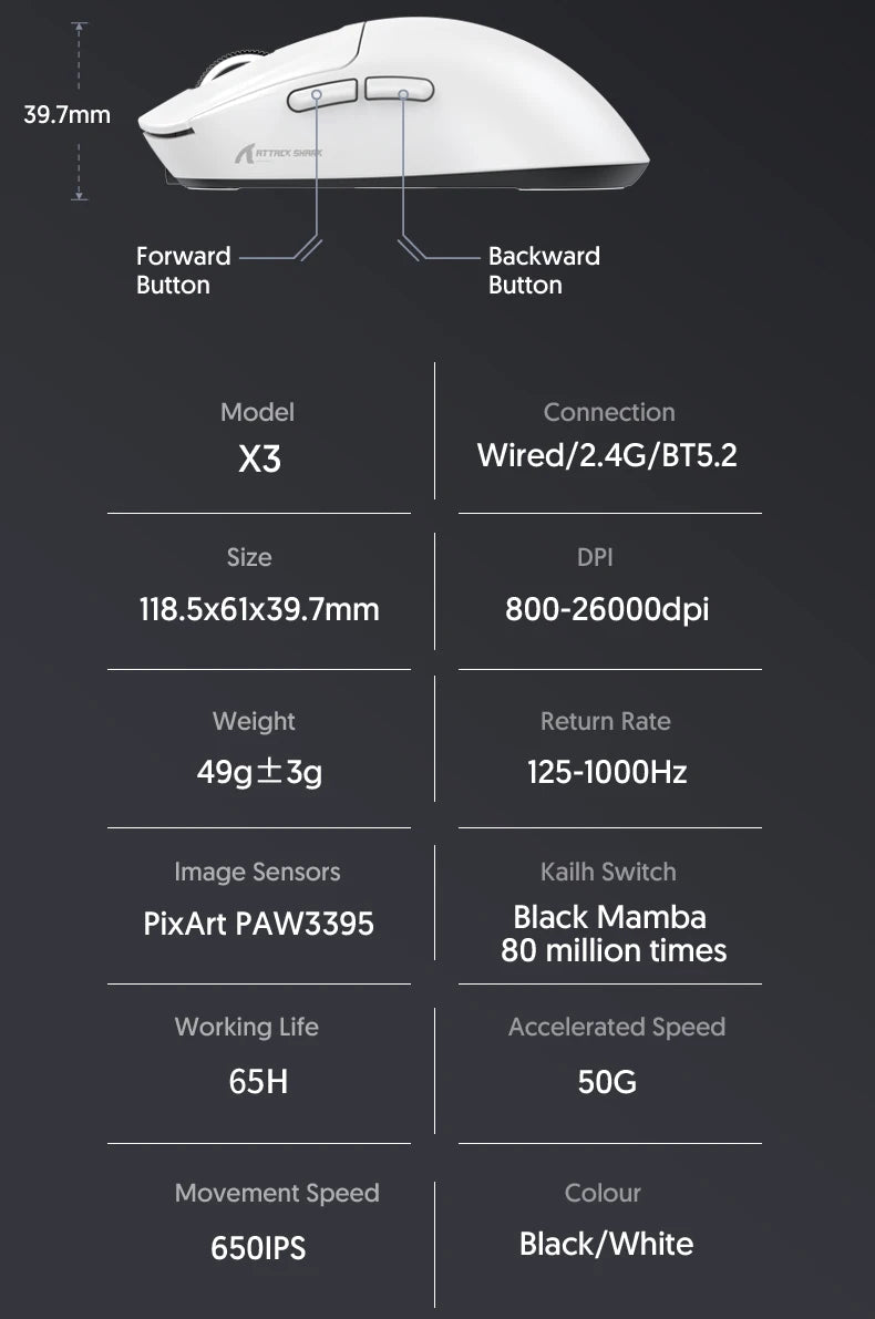Attack Shark X3Pro X3 Wireless Mouse Lightweight PAW3395 26000dpi Tri - Mode Connection Macro Gaming Mouse for Win/Xbox/PS/Mac - RELUX.STORE