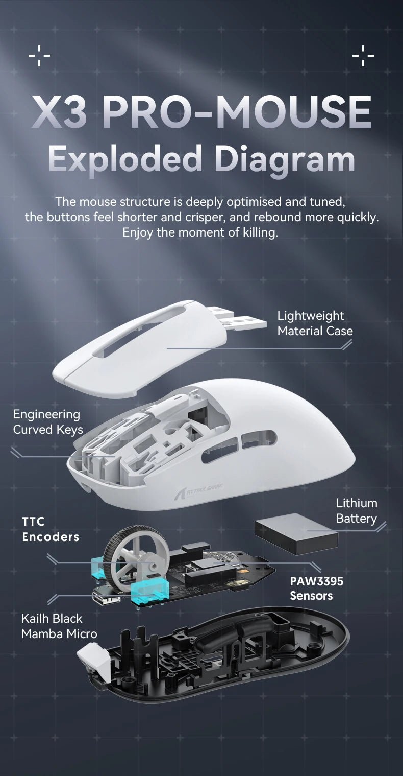 Attack Shark X3Pro X3 Wireless Mouse Lightweight PAW3395 26000dpi Tri - Mode Connection Macro Gaming Mouse for Win/Xbox/PS/Mac - RELUX.STORE