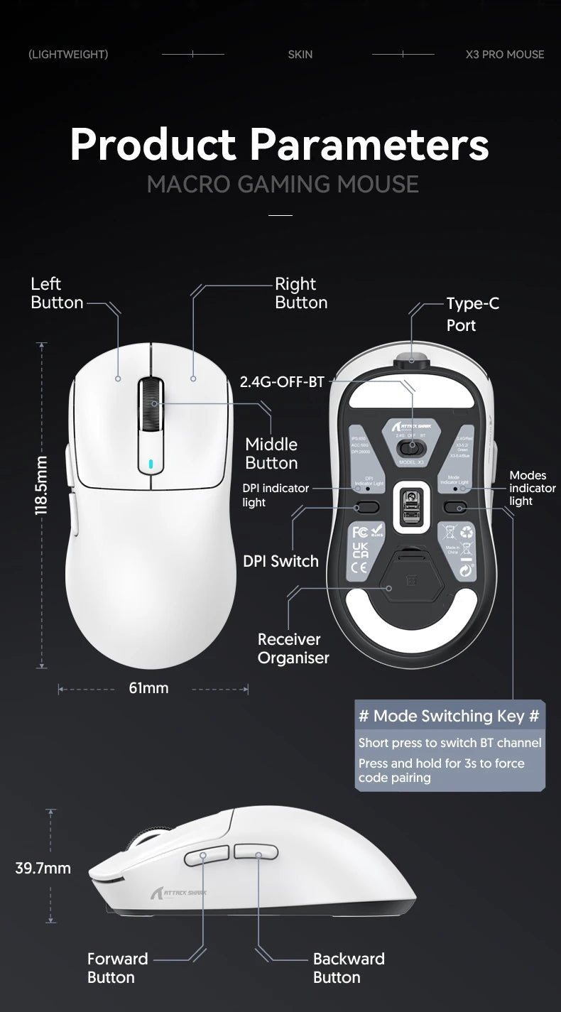 Attack Shark X3Pro X3 Wireless Mouse Lightweight PAW3395 26000dpi Tri - Mode Connection Macro Gaming Mouse for Win/Xbox/PS/Mac - RELUX.STORE