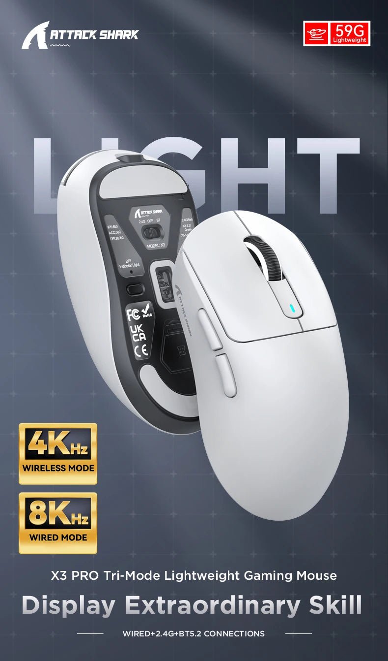 Attack Shark X3Pro X3 Wireless Mouse Lightweight PAW3395 26000dpi Tri - Mode Connection Macro Gaming Mouse for Win/Xbox/PS/Mac - RELUX.STORE