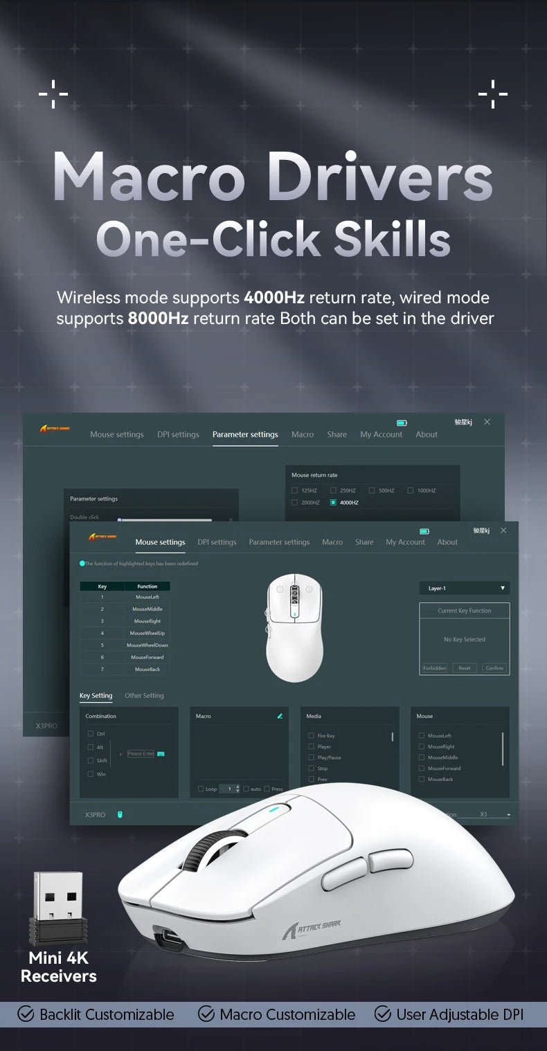 Attack Shark X3Pro X3 Wireless Mouse Lightweight PAW3395 26000dpi Tri - Mode Connection Macro Gaming Mouse for Win/Xbox/PS/Mac - RELUX.STORE