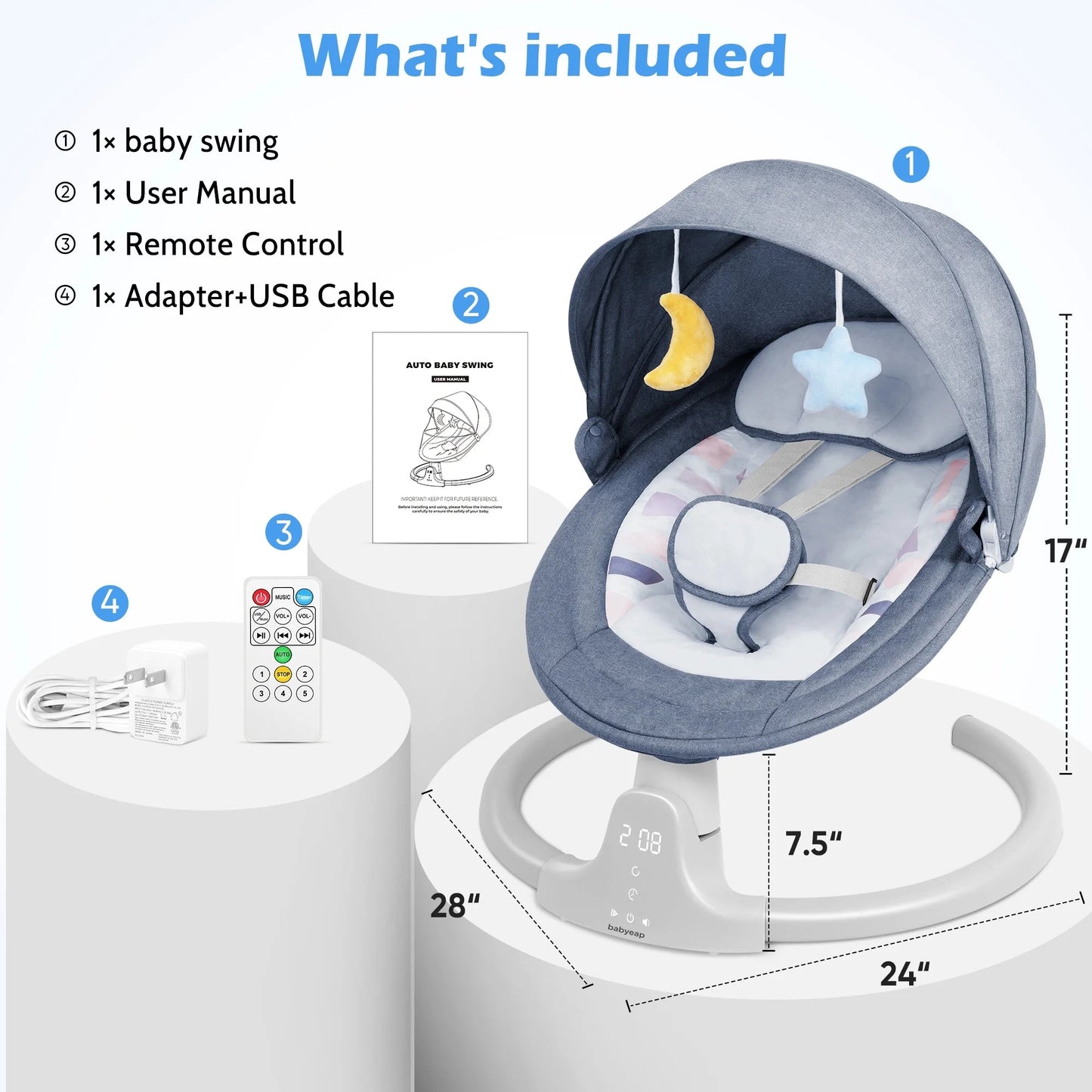 Baby Swing for Infants - APP Remote Bluetooth Control, 5 Speed Settings, 10 Lullabies, USB Plug (Blue) - RELUX.STORE