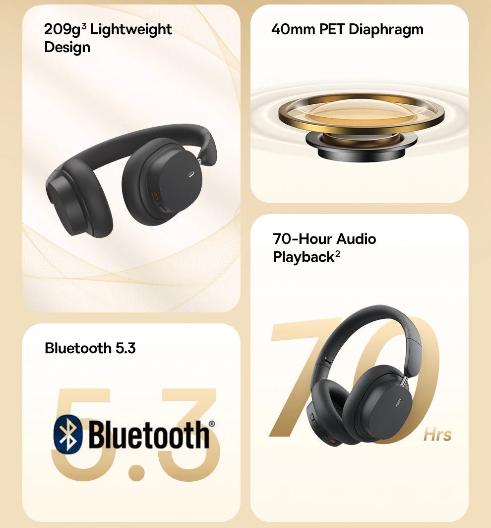 Baseus Bowie D05 Wireless Headphones – 3D Spatial Audio, Bluetooth 5.3, 40mm Drivers, Foldable Over - Ear Headset with 70H Playback - RELUX.STORE