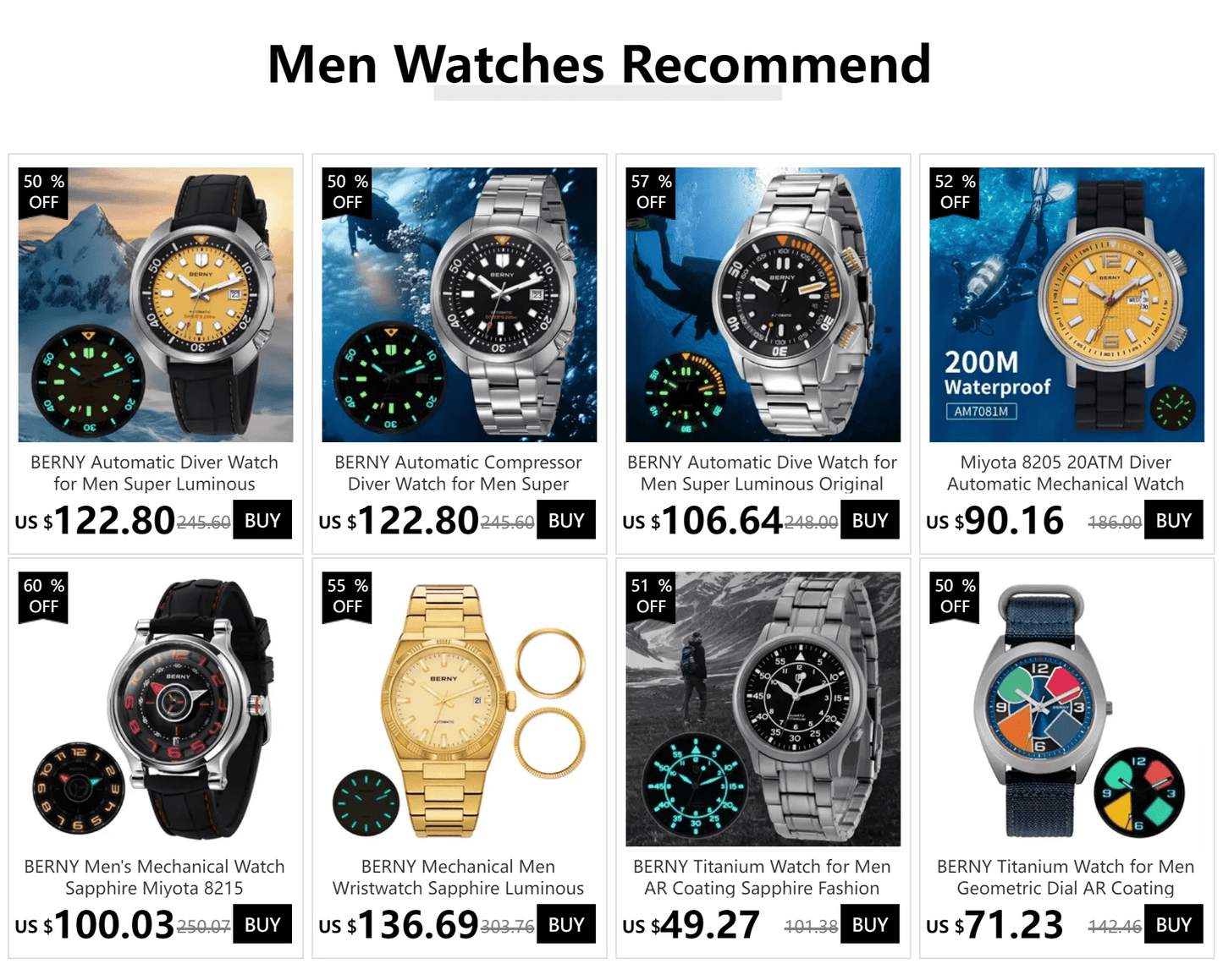 BERNY 20Bar Diver Men Mechanical Watch Miyota 8215 Super Luminous Sapphire Swiming Automatic Self Wind Silicone Men Wristwatch - RELUX.STORE