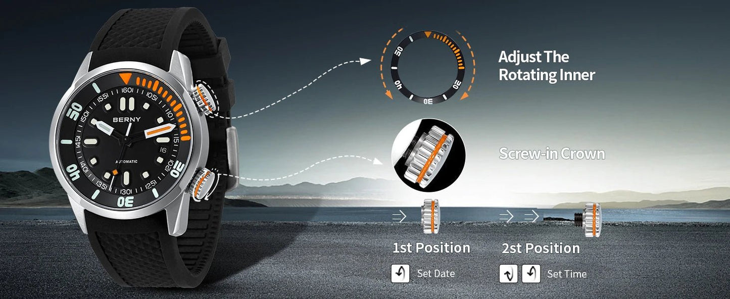 BERNY 20Bar Diver Men Mechanical Watch Miyota 8215 Super Luminous Sapphire Swiming Automatic Self Wind Silicone Men Wristwatch - RELUX.STORE