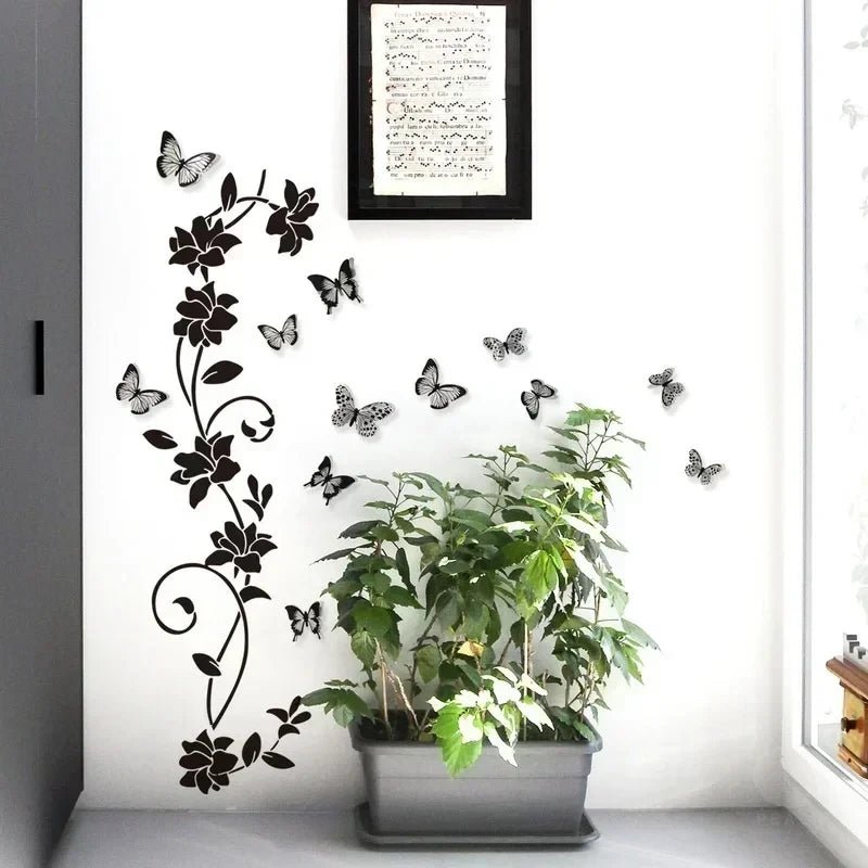 Black Flower Vine 3D Butterfly Wall Sticker Background Wall Bedroom Room Decoration Removable Wall Sticker - RELUX.STORE