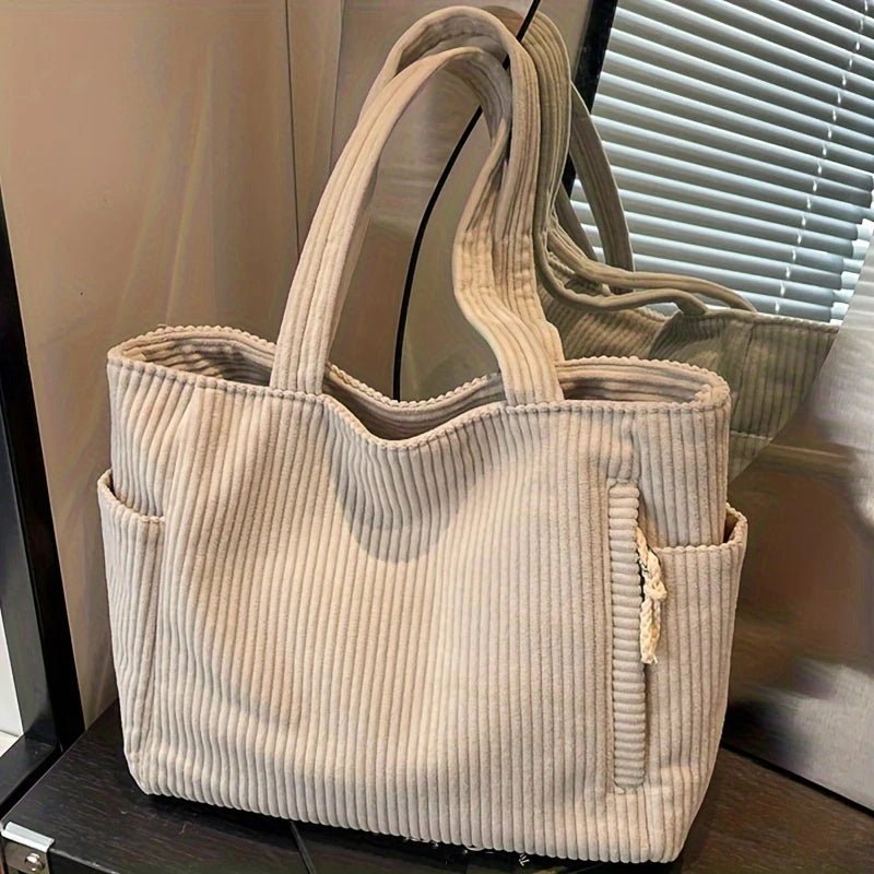 Casual Corduroy Handbag with Zipper Closure Light and Large Capacity Fixed Shoulder Strap Solid Color Daily Commuter Handbag - RELUX.STORE
