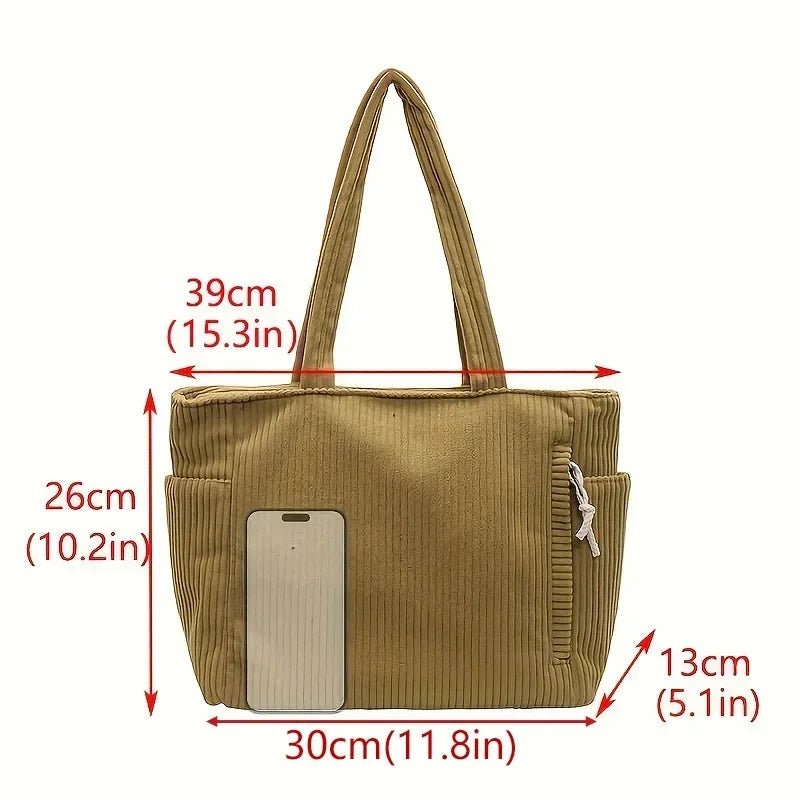 Casual Corduroy Handbag with Zipper Closure Light and Large Capacity Fixed Shoulder Strap Solid Color Daily Commuter Handbag - RELUX.STORE