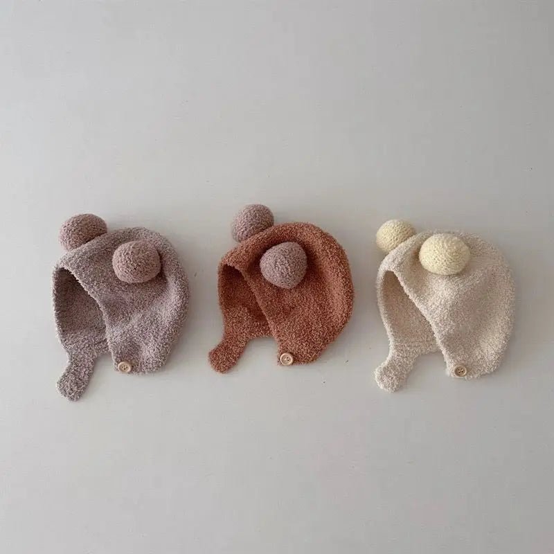 Cute Winter Warm Kids Girl Boys Baby Hats Fleece Wool Hemming Caps with Ball Solid Wool Ear Protection Hats Soft Newborn Bonnet - RELUX.STORECute Winter Warm Kids Girl Boys Baby Hats Fleece Wool Hemming Caps with Ball Solid Wool Ear Protection Hats Soft Newborn Bonnet