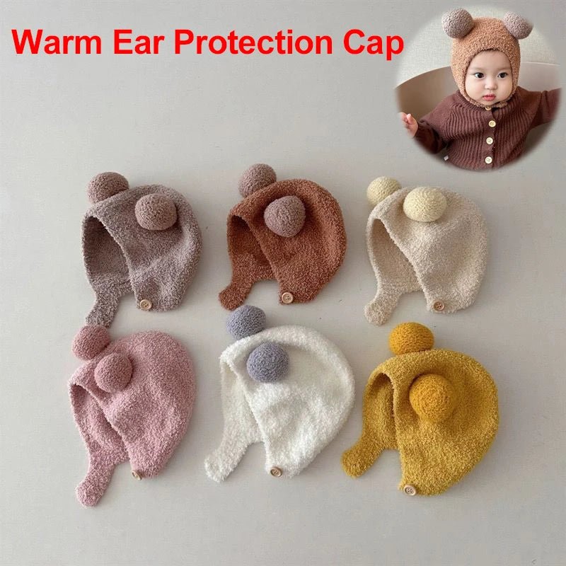 Cute Winter Warm Kids Girl Boys Baby Hats Fleece Wool Hemming Caps with Ball Solid Wool Ear Protection Hats Soft Newborn Bonnet - RELUX.STORECute Winter Warm Kids Girl Boys Baby Hats Fleece Wool Hemming Caps with Ball Solid Wool Ear Protection Hats Soft Newborn Bonnet