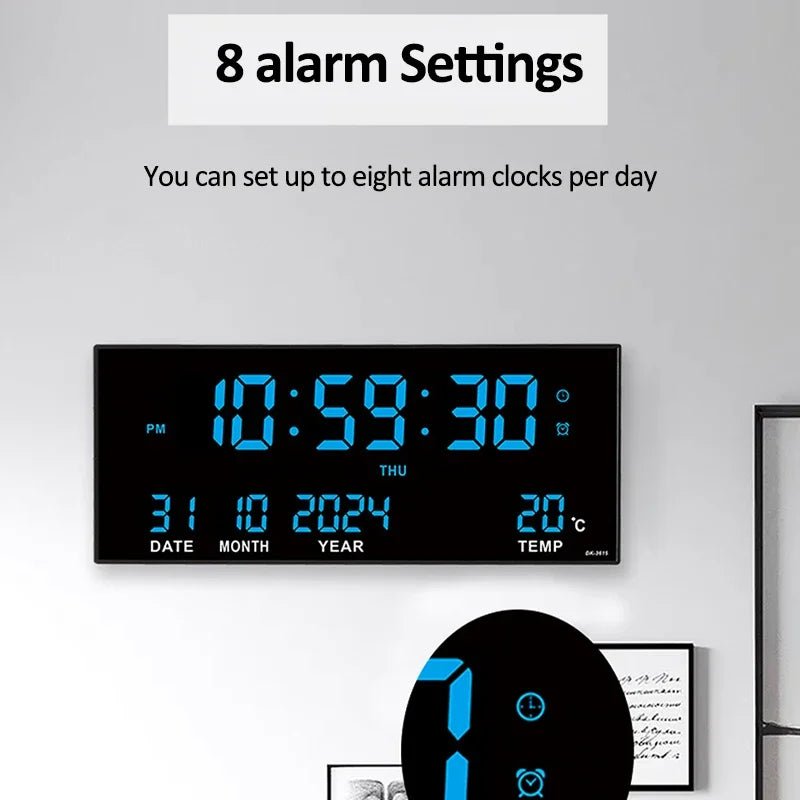 “Digital Large Wall Clock 14’’ – LED Display with Alarm, Temperature, Date & Calendar | 8 - Set Alarms, Electronic Plug - In Clock” ✅ - RELUX.STORE