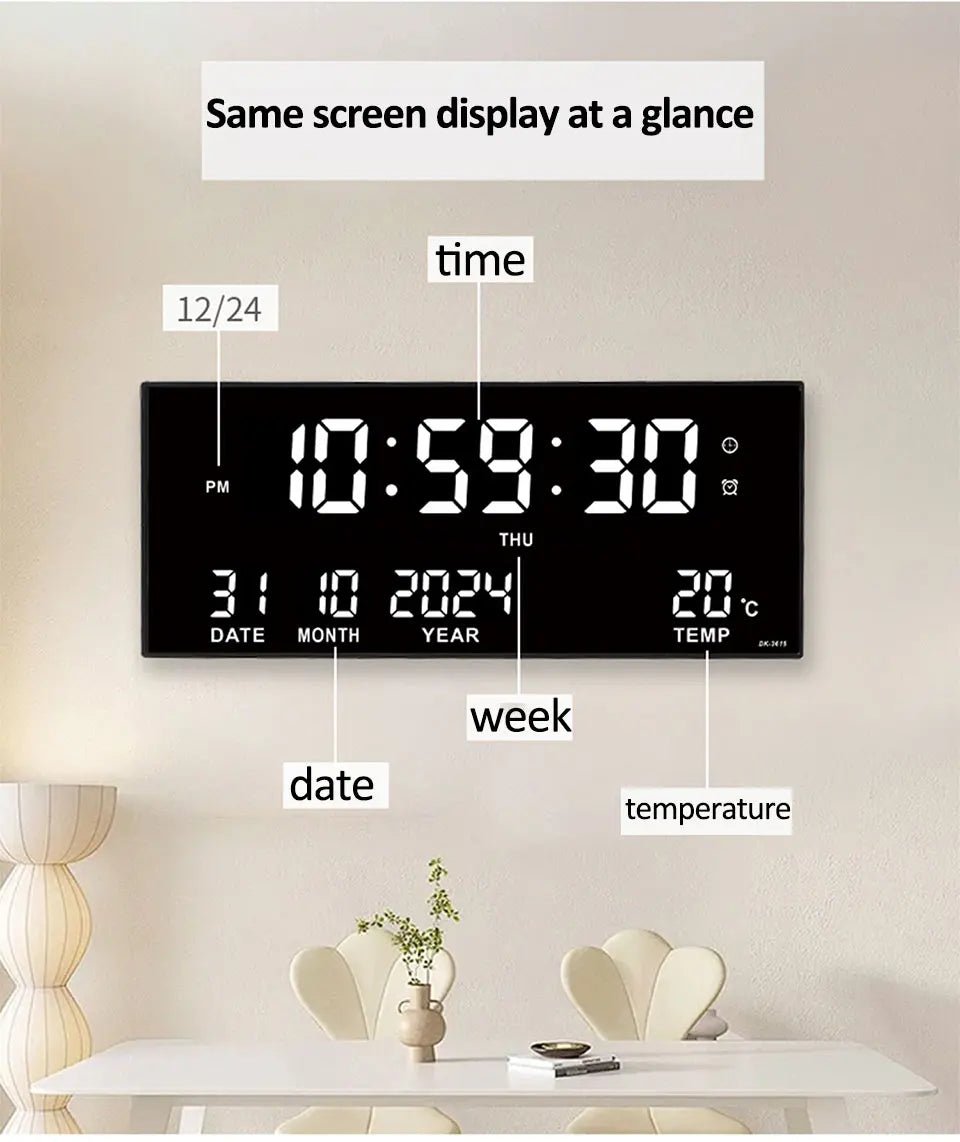 “Digital Large Wall Clock 14’’ – LED Display with Alarm, Temperature, Date & Calendar | 8 - Set Alarms, Electronic Plug - In Clock” ✅ - RELUX.STORE