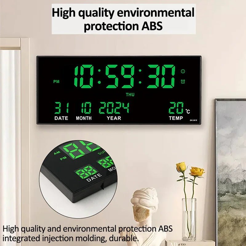 “Digital Large Wall Clock 14’’ – LED Display with Alarm, Temperature, Date & Calendar | 8 - Set Alarms, Electronic Plug - In Clock” ✅ - RELUX.STORE