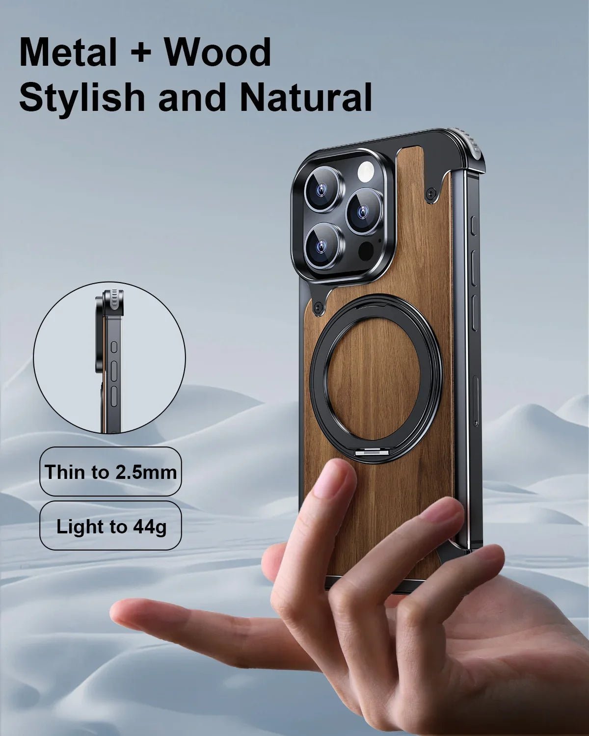"Eary Natural Wood iPhone Case – Frameless MagSafe Phone Stand & Shockproof Protective Cover for iPhone 14/15/16 Pro Max" - RELUX.STORE
