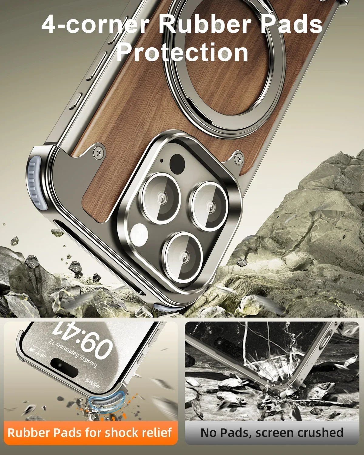 "Eary Natural Wood iPhone Case – Frameless MagSafe Phone Stand & Shockproof Protective Cover for iPhone 14/15/16 Pro Max" - RELUX.STORE