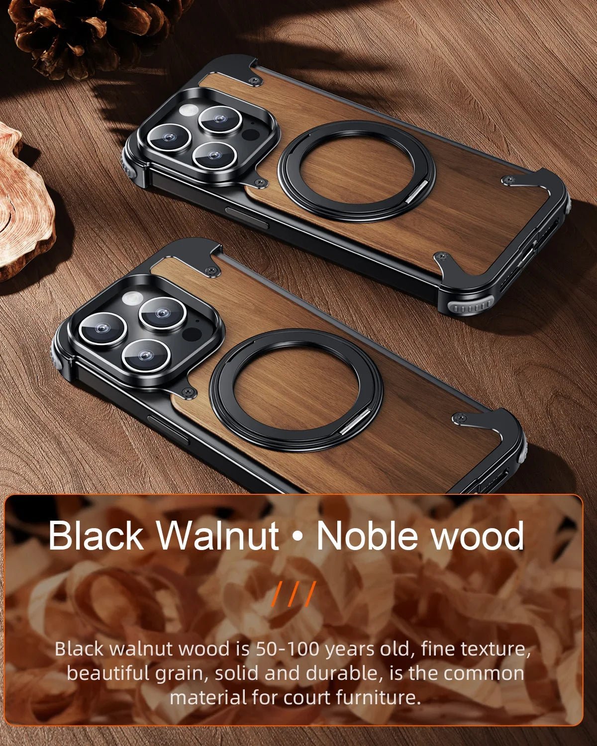 "Eary Natural Wood iPhone Case – Frameless MagSafe Phone Stand & Shockproof Protective Cover for iPhone 14/15/16 Pro Max" - RELUX.STORE
