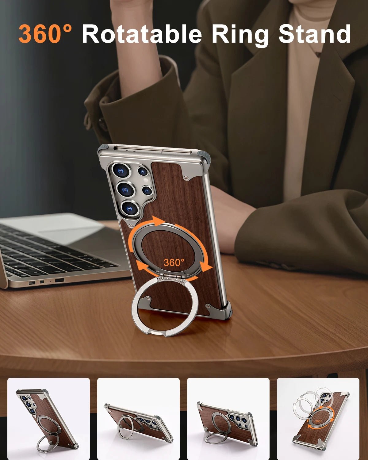 Eary Solid Wood Phone Case for Samsung Galaxy S25/S24 Ultra – Magsafe Compatible, 360° Rotation Kickstand, Frameless Protective Shell - RELUX.STORE