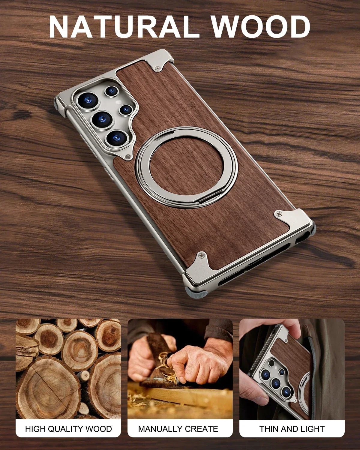 Eary Solid Wood Phone Case for Samsung Galaxy S25/S24 Ultra – Magsafe Compatible, 360° Rotation Kickstand, Frameless Protective Shell - RELUX.STORE