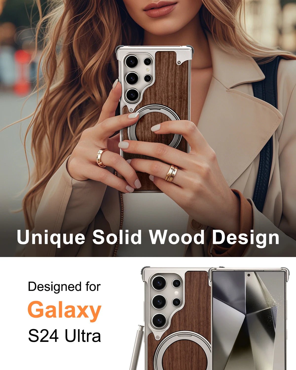 Eary Solid Wood Phone Case for Samsung Galaxy S25/S24 Ultra – Magsafe Compatible, 360° Rotation Kickstand, Frameless Protective Shell - RELUX.STORE
